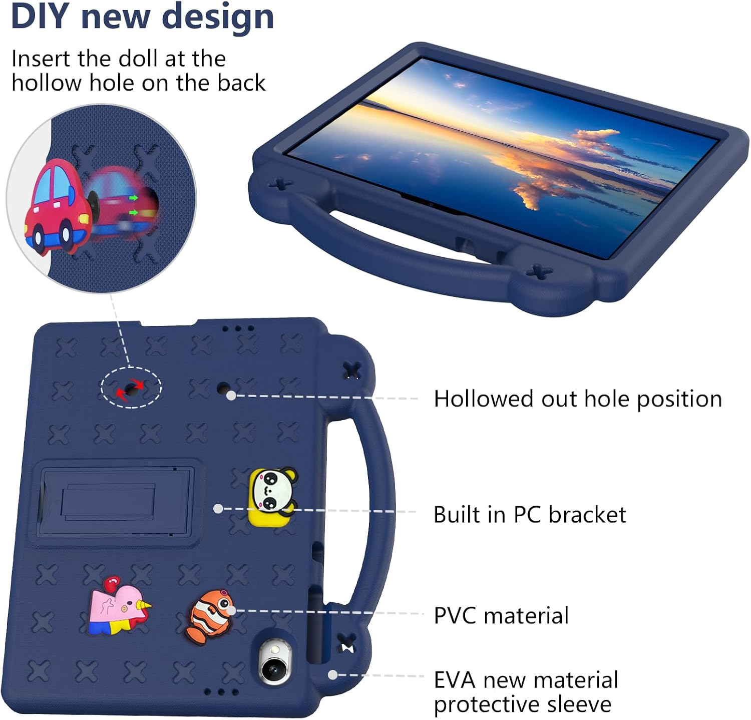 Dteck for Onn 11 inch Core Tablet (2026 Model) EVA Foam Case with Shoulder Strap, Built-in Kickstand, Handle, Removable Cute 3D Cartoon Charms, Lightweight Shockproof Protective Kids Case, Navy Blue image 5