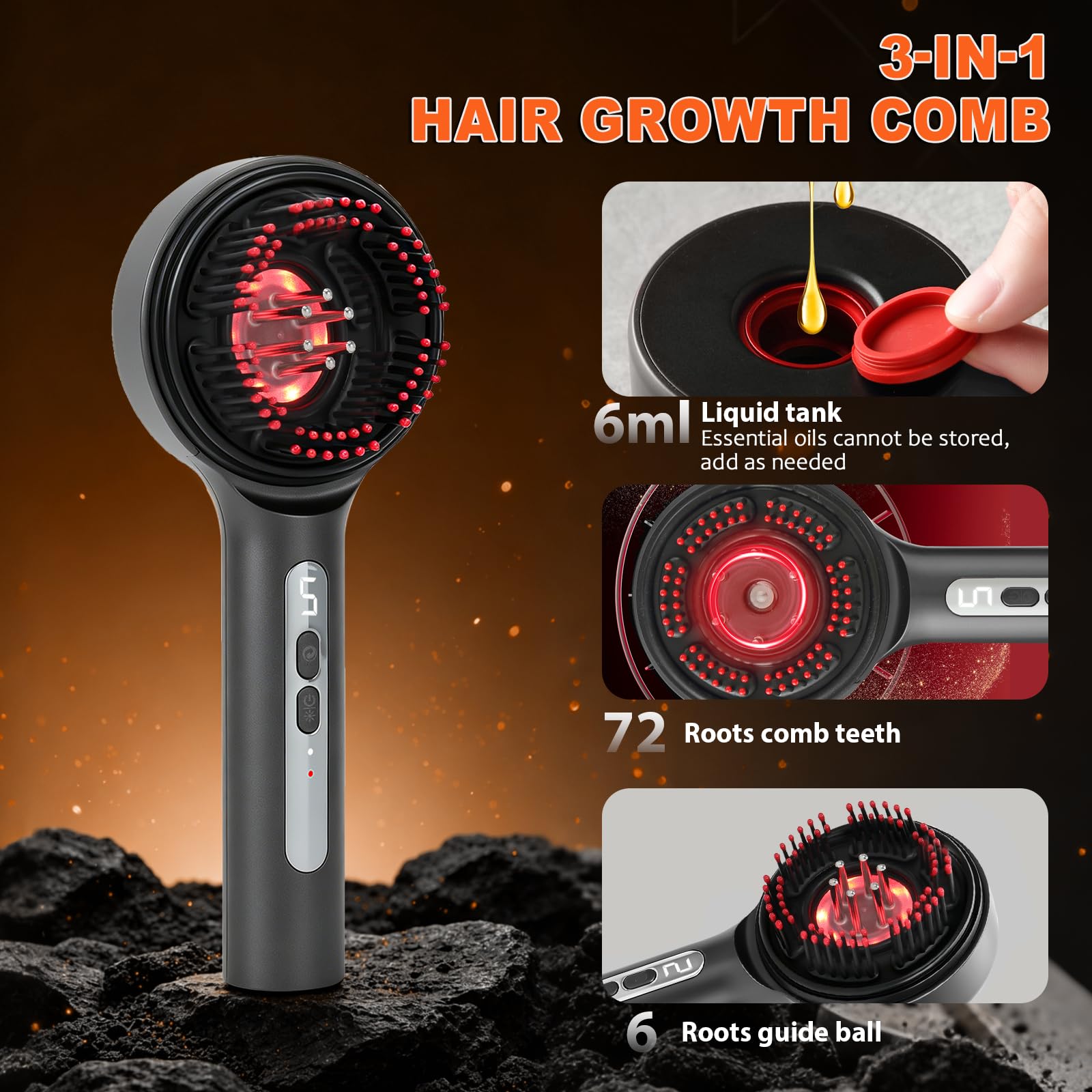 Kopfmassagegerät Elektrisch, 3-in-1 Kopfhautmassagebürste mit Haaröl-Applikator, Kopfhautmassage mit Rotlicht/Blaulicht/Mischlicht, Scalp Massager IPX7 wasserdicht