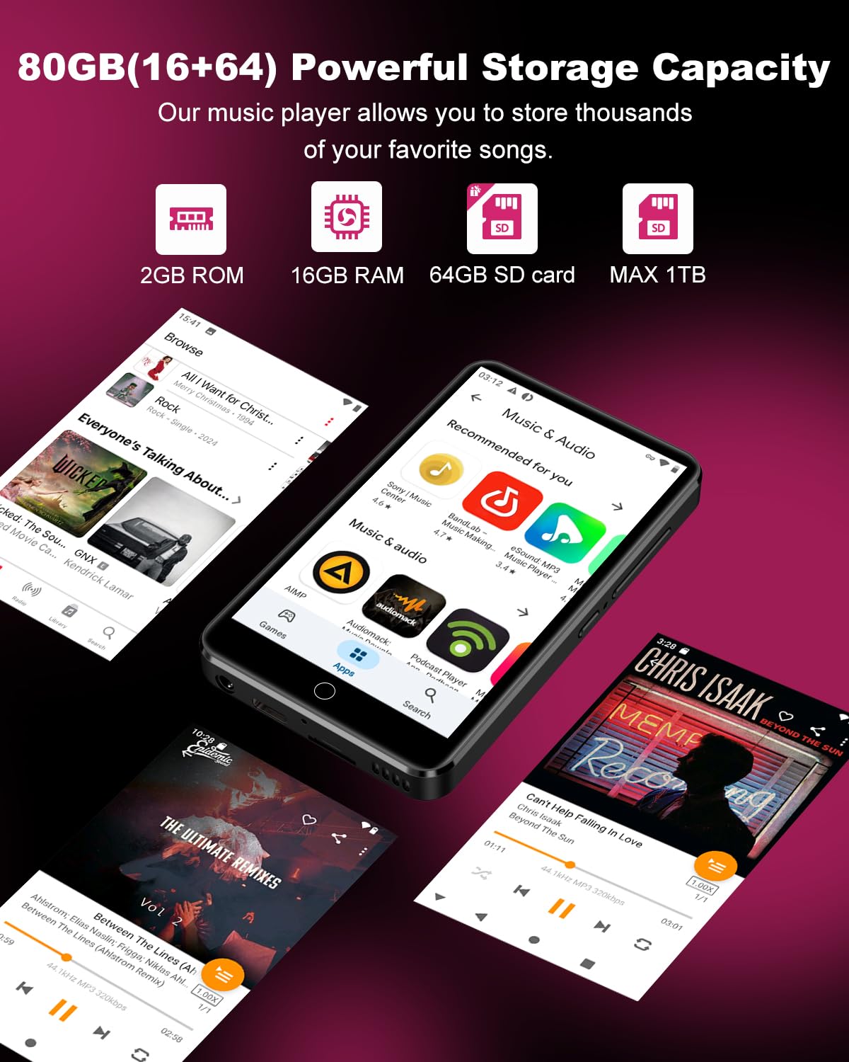 80GB MP3 Player mit Spotify und WiFi Bluetooth, ZAQE 4 Zoll Touchscreen, Android 13 MP4 Player, Audible Compatible, FM Radio, Amazon Music, Deezer, Pandora, Play Store (schwarz)