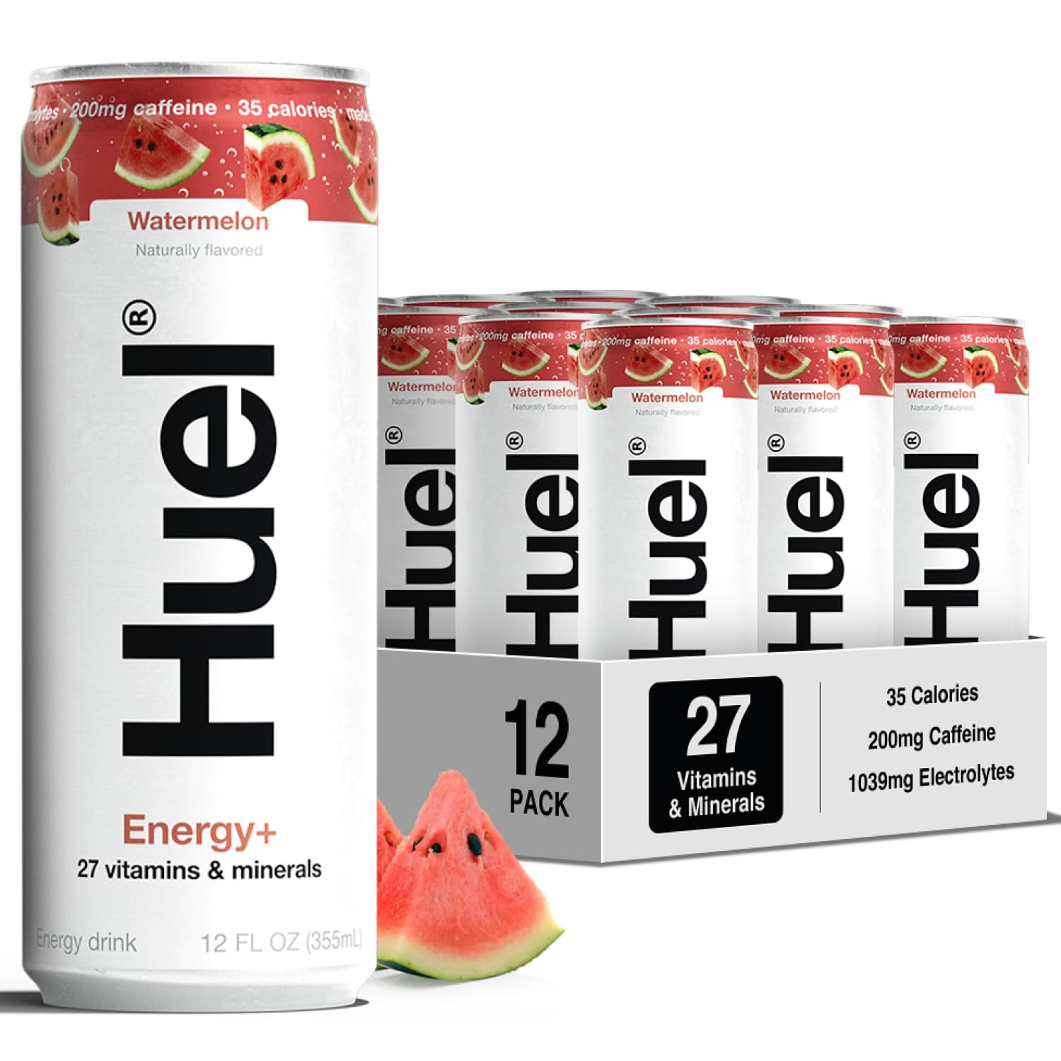 Energy+ | Watermelon Energy Drink | Refreshing Plant-Based Drink with Real Fruit | 200mg of Caffeine and 27 Vitamins & Minerals | 35 Calories per 12 FL Oz, 12 Pack