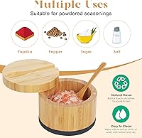 Vista 6 de Bodega de sal de bambú con tapa y cuchara, caja de sal negra, fácil de distinguir las especias en el tazón, recipiente de sal con tapa giratoria