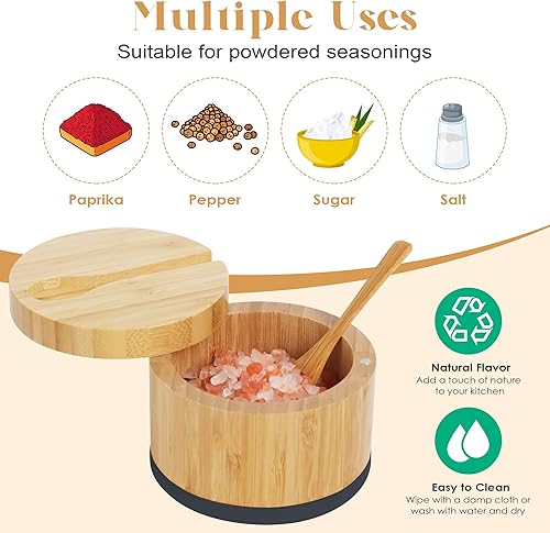 Miniatura 6 de Beardo - Sal de bambú con tapa y cuchara, caja de sal negra, fácil de distinguir las especias en el tazón, recipiente de sal con tapa giratoria