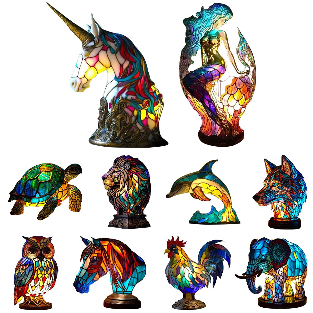 Cymwer Colorful Resin Table Lamp, Bohemian Room Decor Night Lamp, LED Bedside Lamp, Suitable for Bedroom & Living Room Decoration, Gift for Animal Lovers