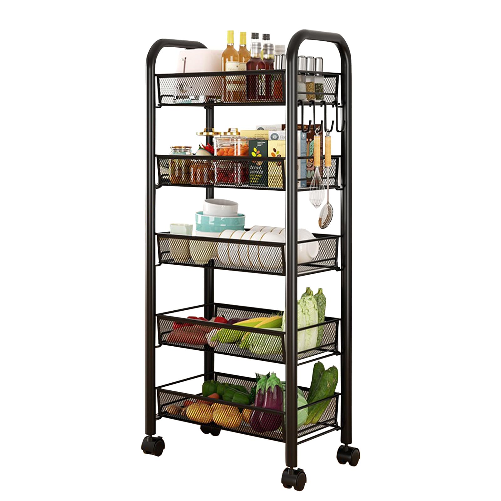 Carrito con Ruedas de 5 Niveles, 44 x 26 x 102 cm, Estante para Verduras, Carrito Estrecho de Almacenamiento Metálico con Ruedas y 4 Ganchos, Carrito para Frutas y Bebidas