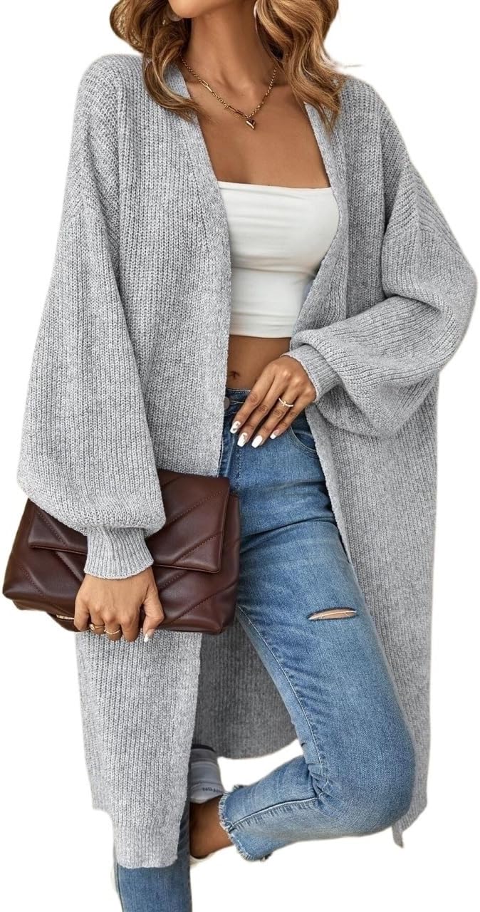 Women's Trench Coat Bishop Sleeve Drop Shoulder Ribbed Knit Casual Cardigan Long Sleeve Classic Overcoat