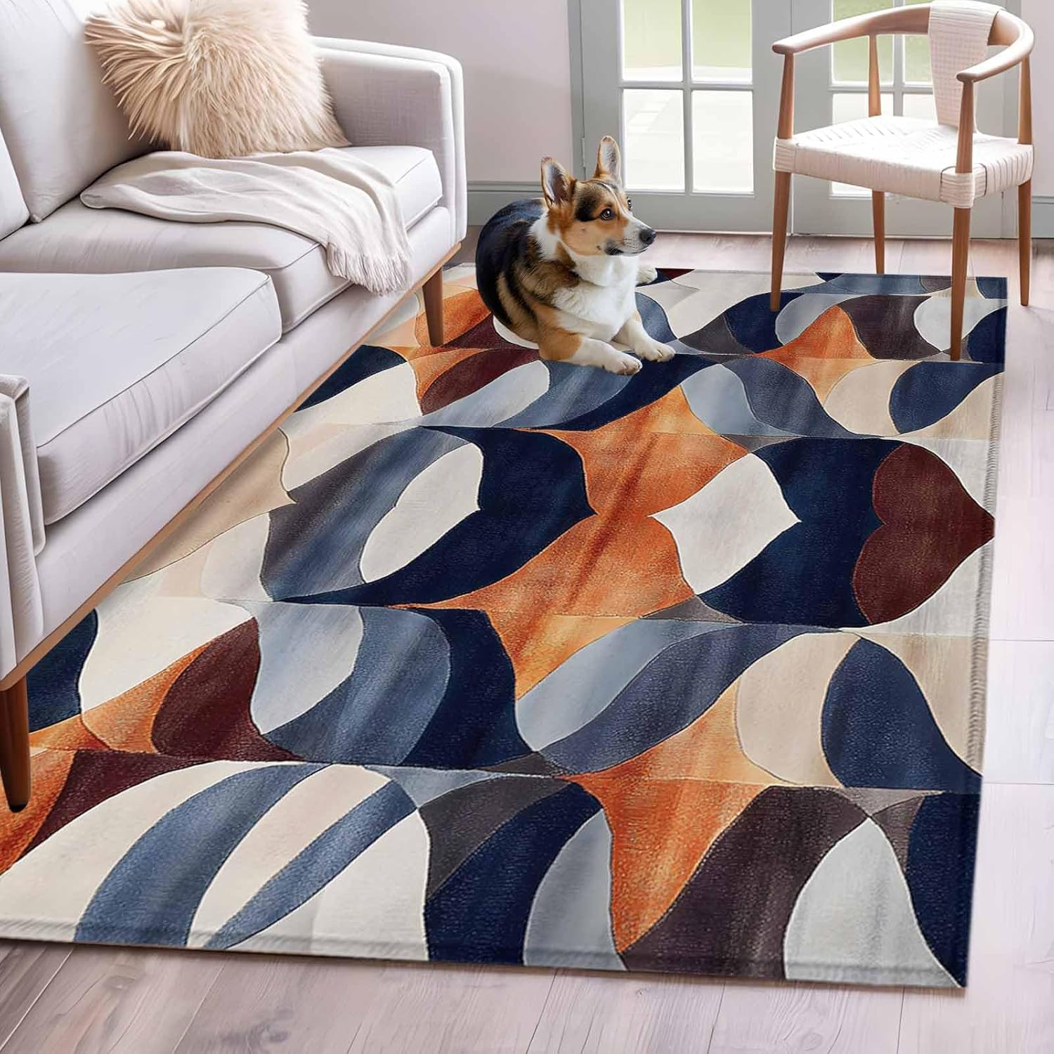 3x5 Area Rugs for Living Room, Navy Blue Burnt Orange Non Slip Washable Rug Runner, Retro Geometric Abstract Low Pile Indoor Floor Carpet Mat Bathroom Rugs for Bedroom, Kids Room