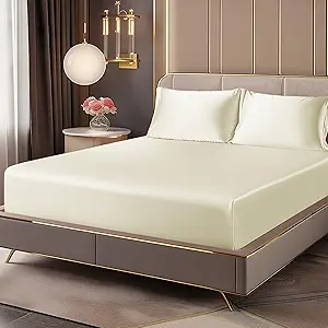 BEDELITE Satin Fitted Sheet and Pillowcases Set, Luxury Soft Similar to Silk Bottom Bedsheet with Elastic Corner Straps, Deep Pocket up to 15 Inch, 1 Fitted Sheet and 2 Pillowcases(Queen, Beige)