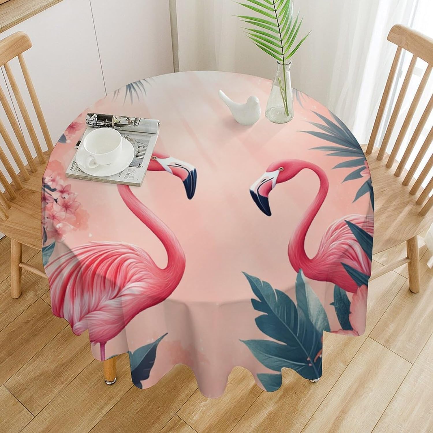 Round Tablecloth Tropical Palm Leaf Tree, Washable Flamingo Novelty Fantasy Table Cover for Kitchen Dining, Indoor Outdoor Decor, 60 Inch