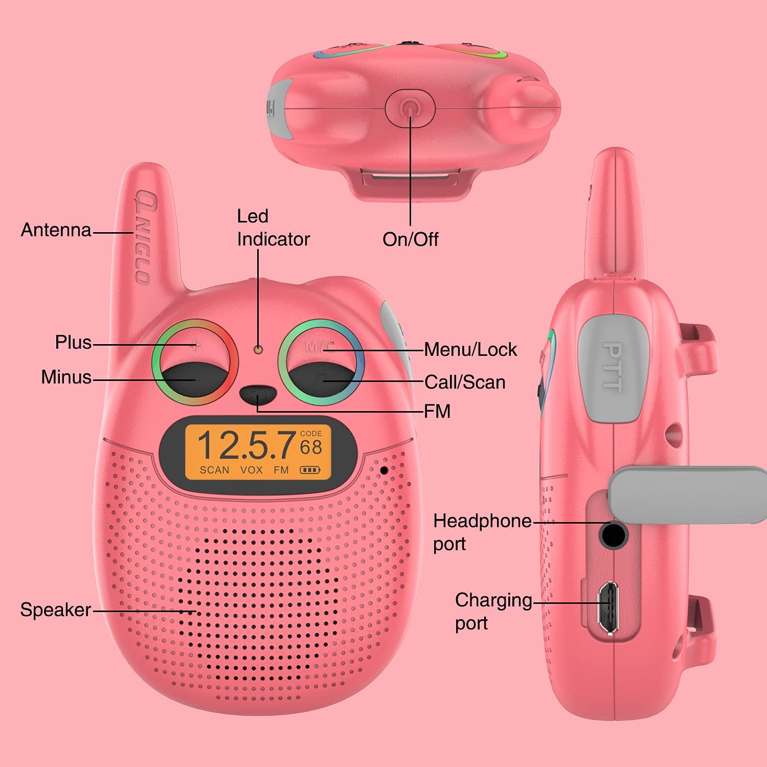 QNIGLO Q136 Walkie Talkie Niños Recargable USB,Radio FM 4Km Alcance 10 Tonos de Llamada,Montar en Bicicleta Acampar Correr,Cumpleaños Regalos para Chicas Chicos,Chulo Walkie con Radio (RojoVioleta) — view 6