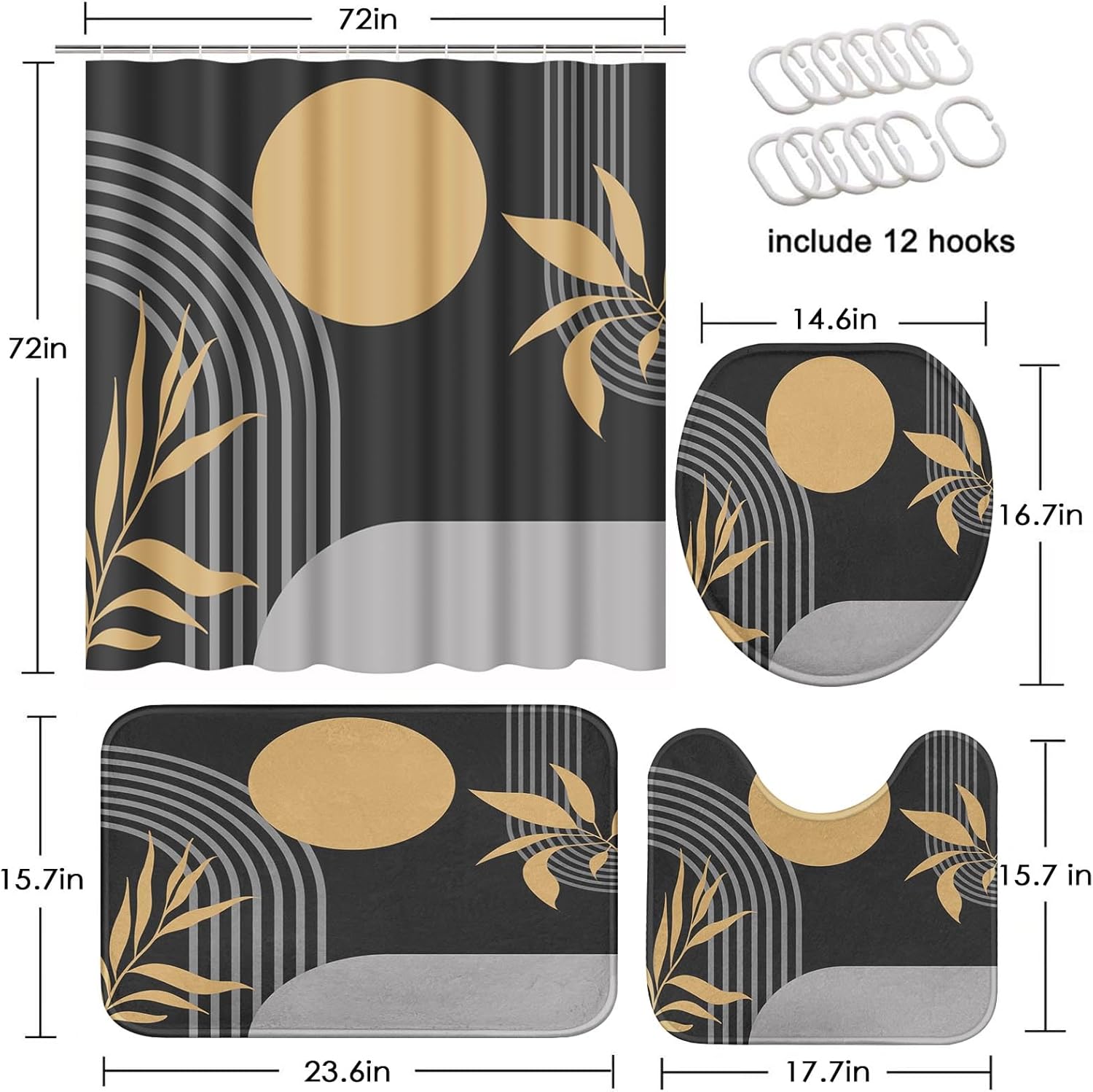 Boho Mid Century Shower Curtain Set with Toilet Lid Cover and Non-Slip Rugs, Abstract Geometric Grey Background 4 Pcs Modern Minimalist Shower Curtain for Bathroom Set with 12 Hooks