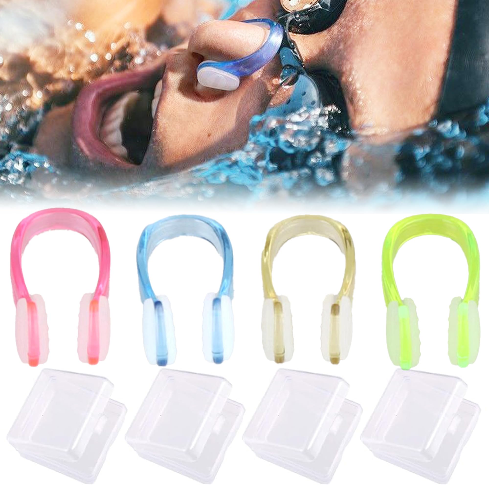 Pinzas Para Nariz De Natación | 4 Unidades Con 4 Pares De Tapones | Silicona Suave, Impermeable | Para Nadadores, Buceo