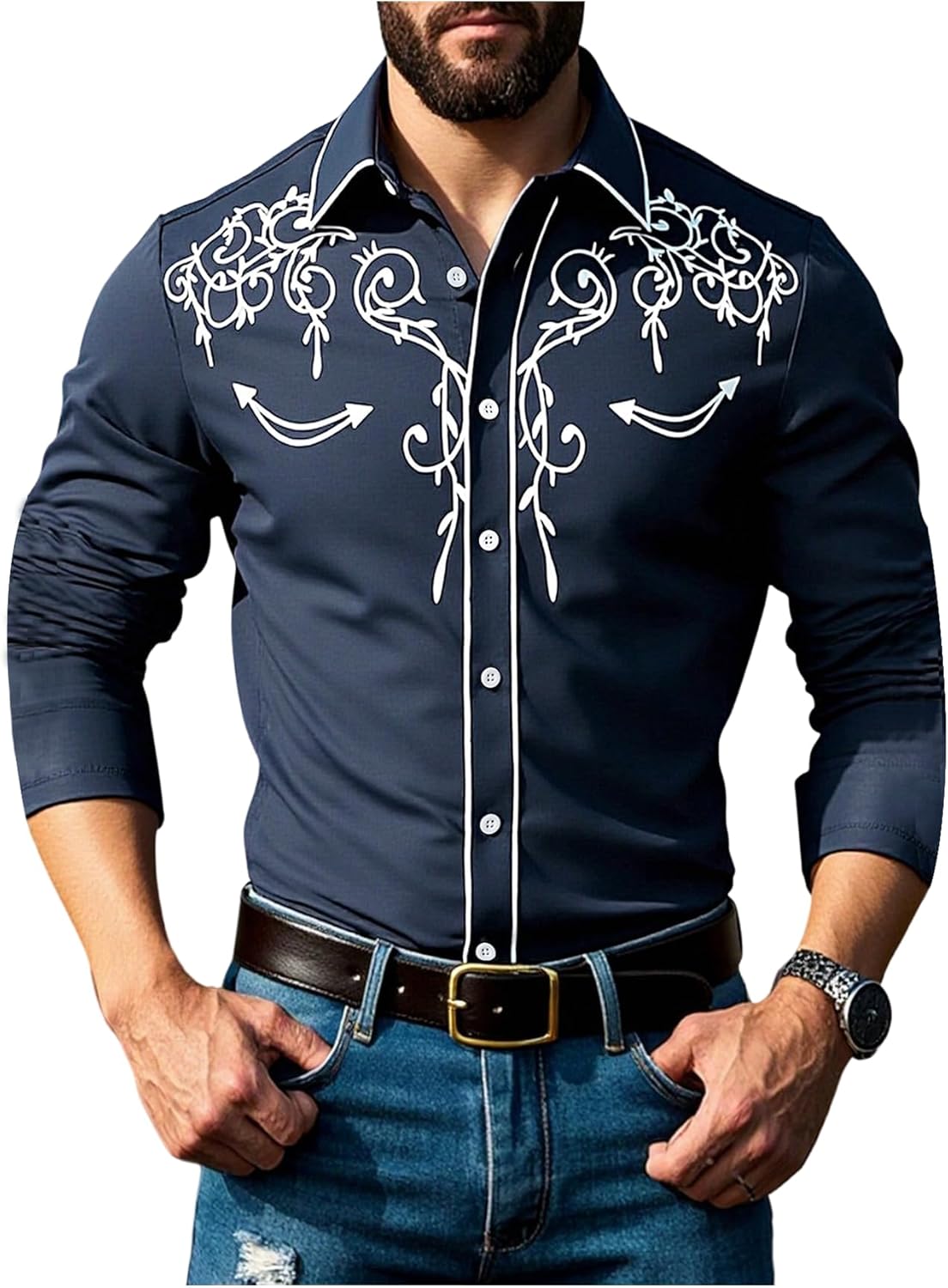 BEAUDRM Men's Western Cowboy Shirt Graphic Button Down Vintage Retro Collared Long Sleeve Shirt Top