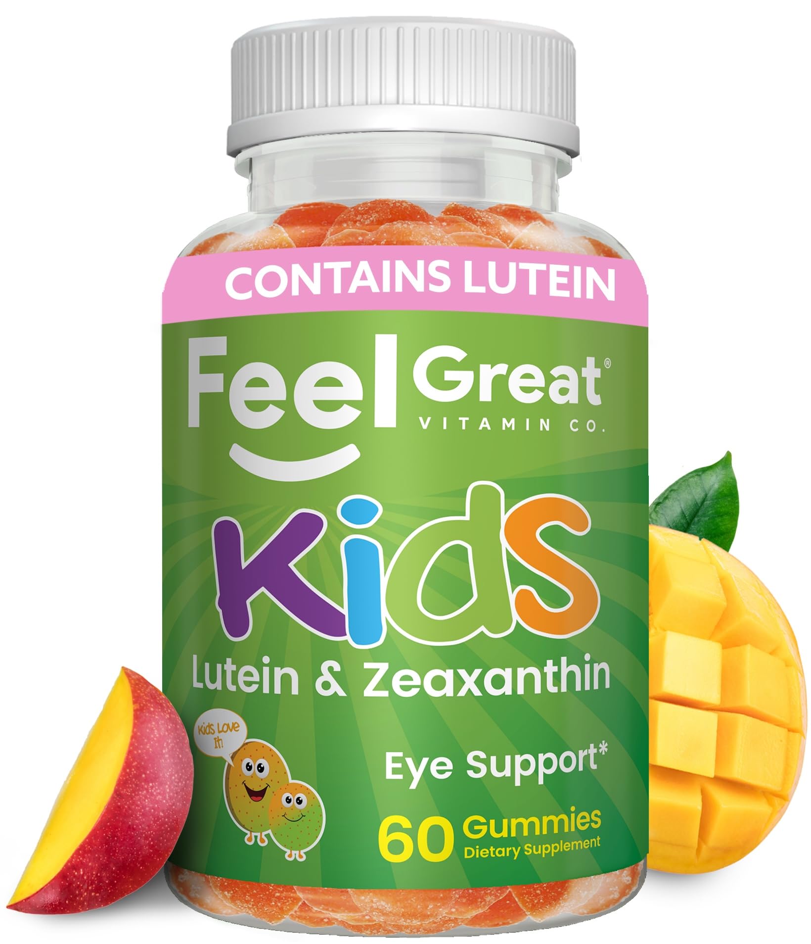 Feel Great Kids Gummy Vitamins for Eyes | Essential Eye Vitamins Lutein and Zeaxanthin | Mango Flavored Vegan Eye Vitamins for Kids | Gluten Free | 60 Day Supply
