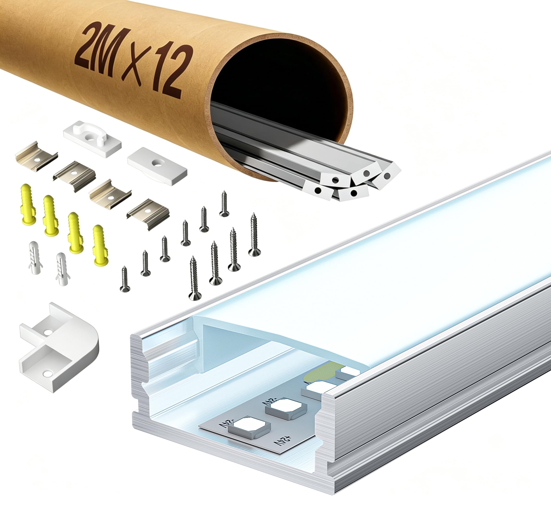 LED Profil 12 x 2m U-Form Aluprofil mit weißer Abdeckung,Endkappen & Montageclips Alu Leiste für Lichtstreifen bis 12mm Led Profile Schiene Kanäle Leiste Diffusor
