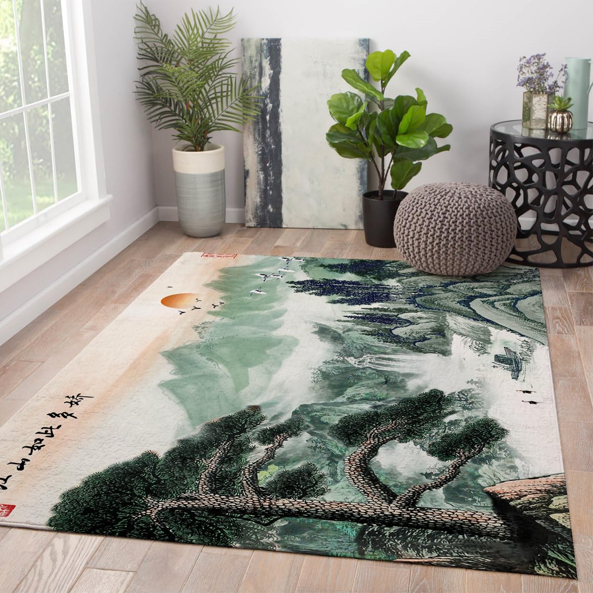 Tapis d'accueil classiques lavage à l'encre tapis fin imprimé pins calligraphie