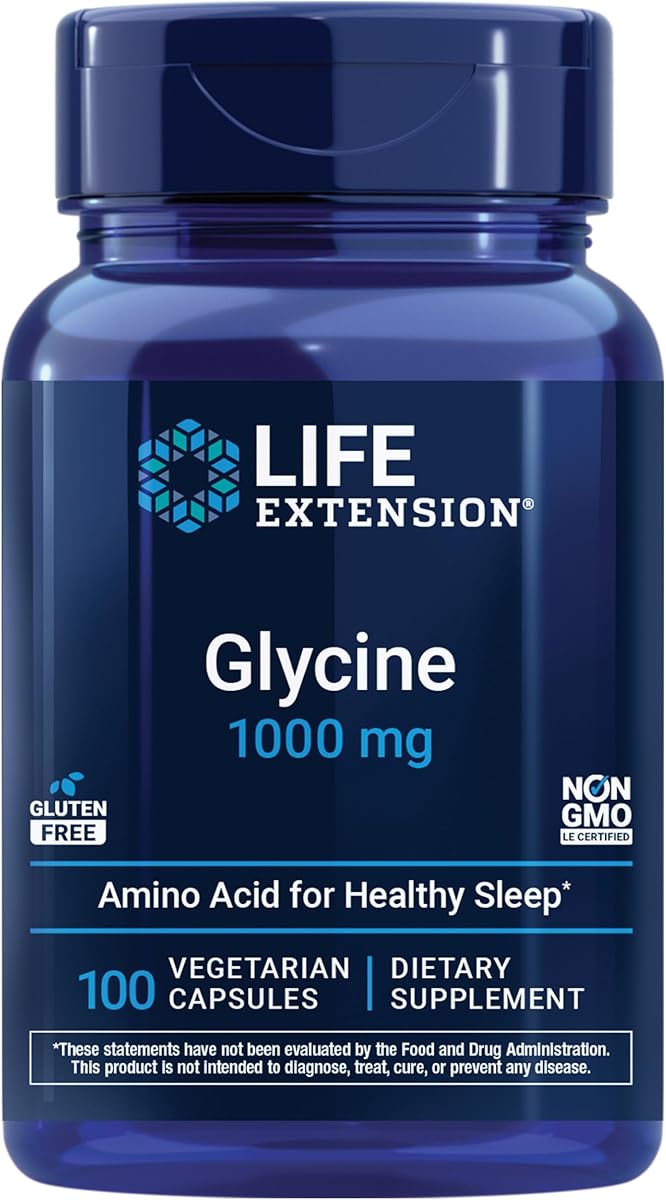 Life Extension Glycine, 1000 mg, Amino Acid That Promotes Healthy Sleep, Gluten-Free, Non-GMO, Vegetarian, 100 Capsules