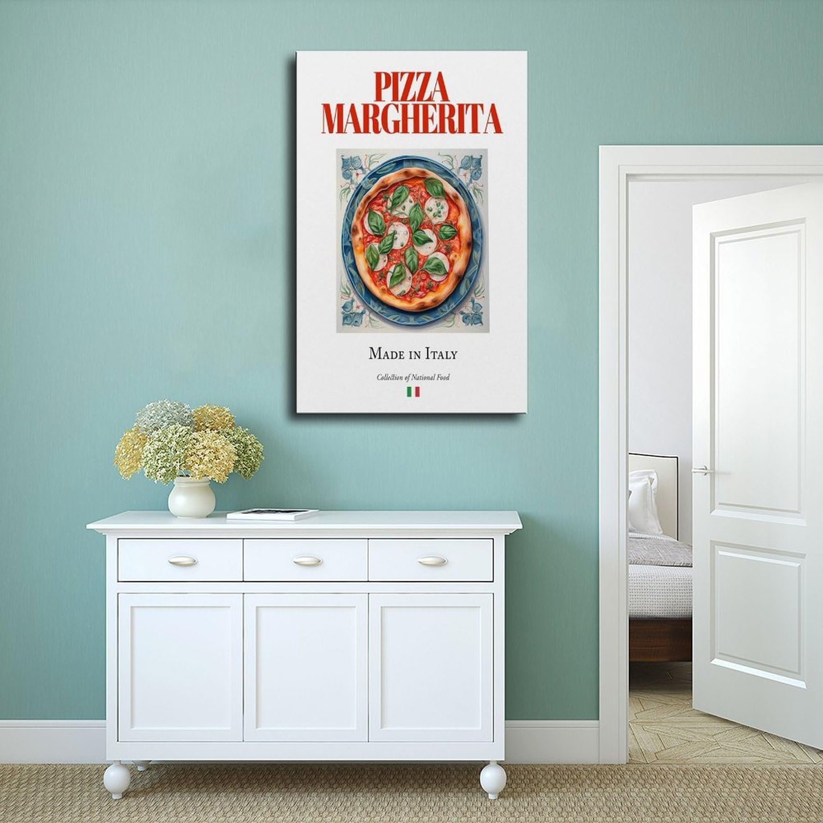 Pizza Margherita auf Maiolica Fliesenteller, Leinwand, Poster, Schlafzimmer, Dekoration, Landschaft, Büro, Raumdekoration, Geschenk, 61 x 91,4 cm (L x B)