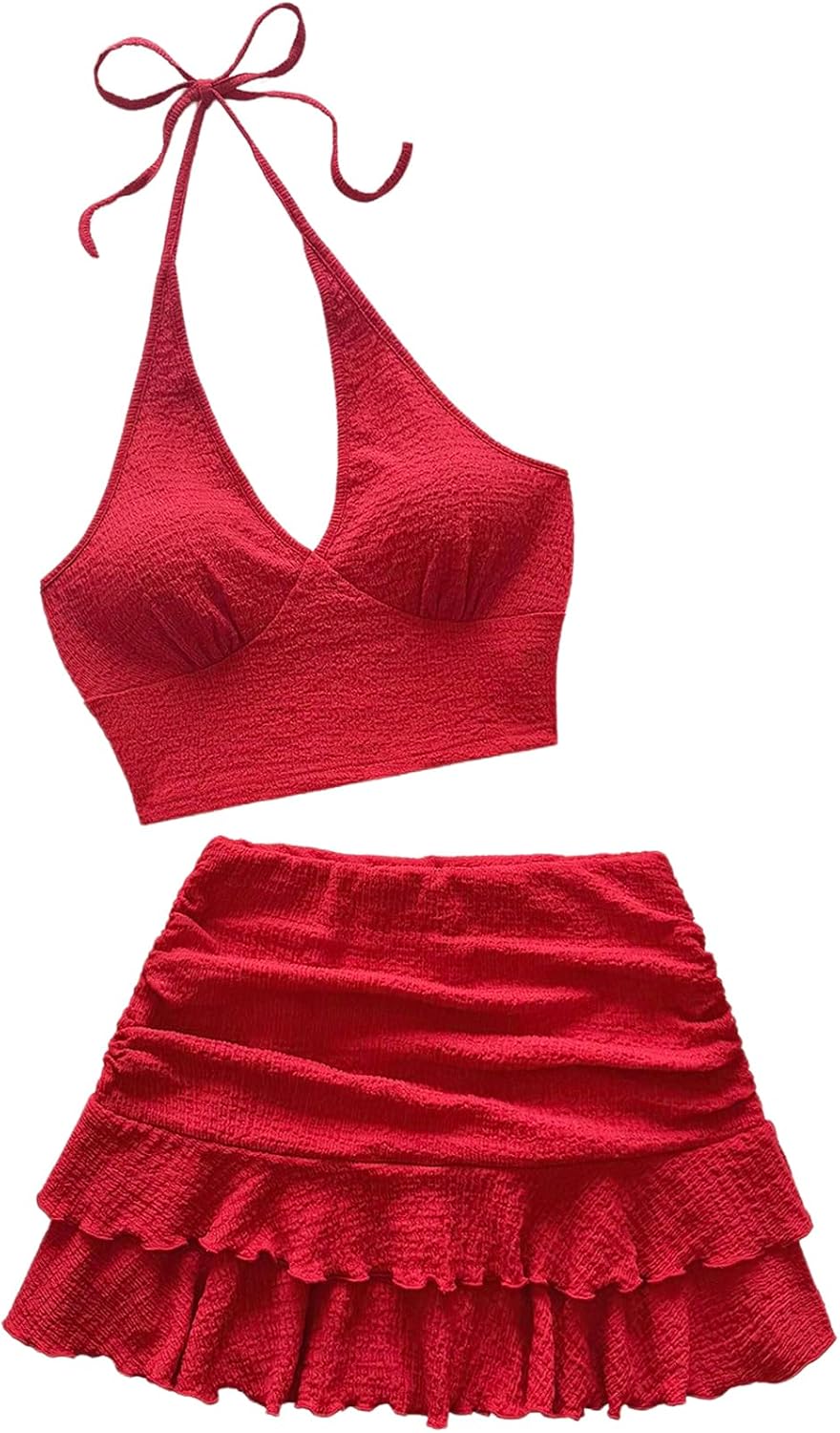 SweatyRocks Women's 2 Piece Outfits Halter Top Backless Cami Crop Top and Layered Ruffled Mini Skirts Set