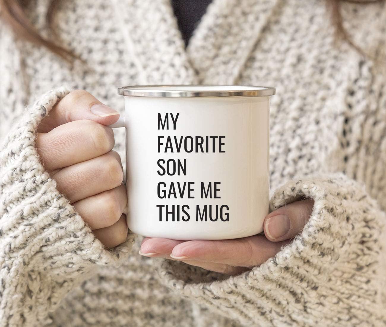 Andaz Press 11oz. Stainless Steel Funny Campfire Coffee Mug Gag Gift, My Favorite Son Gave Me This Mug, 1-Pack, Mom Dad Mother's Day Father's Day Christmas Sarcastic Humor Metal Camping Cup Ideas