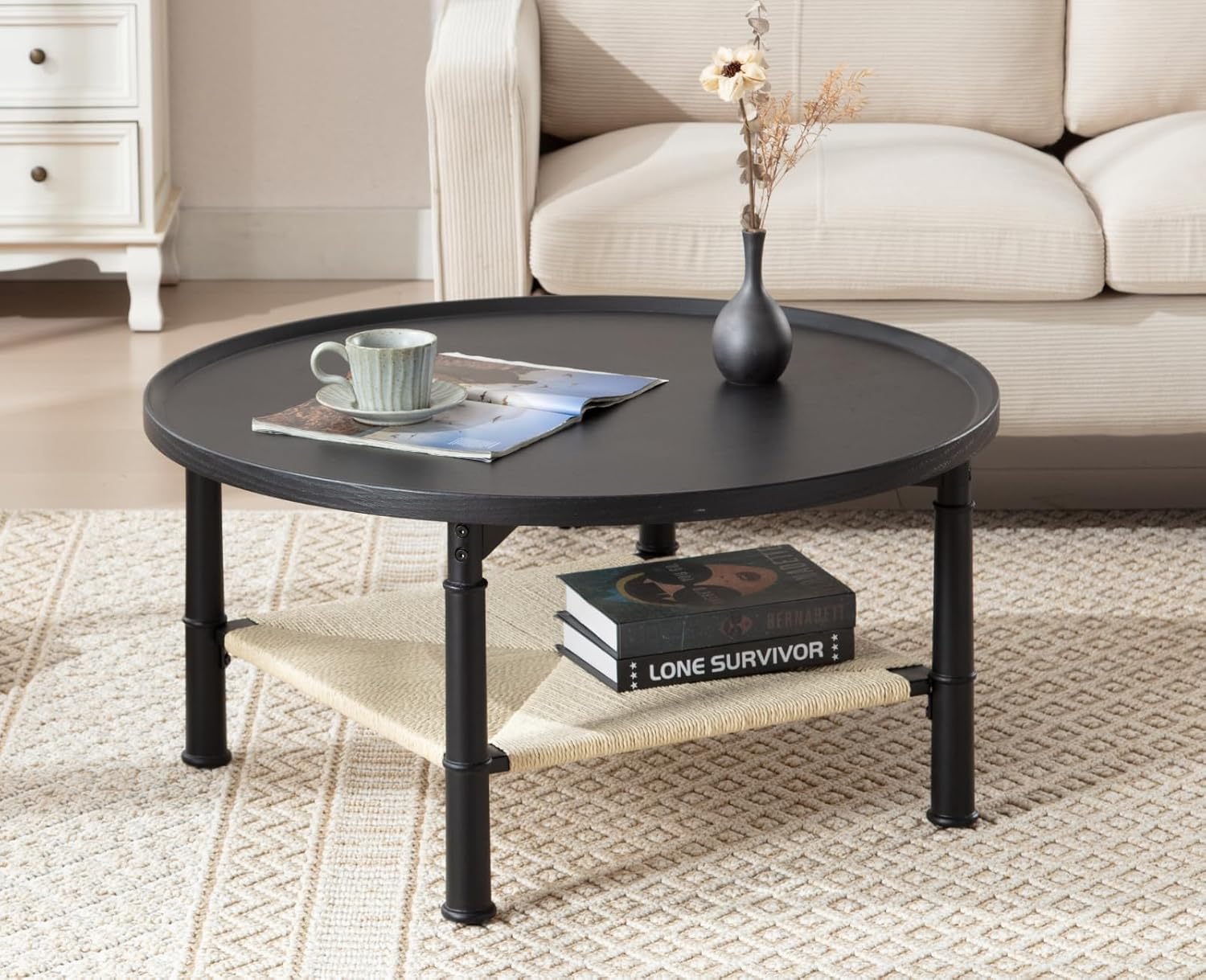 Amazon.com: Shunzhi 31.5'' Round Wood Coffee Table, 2-Tier with Storage ...