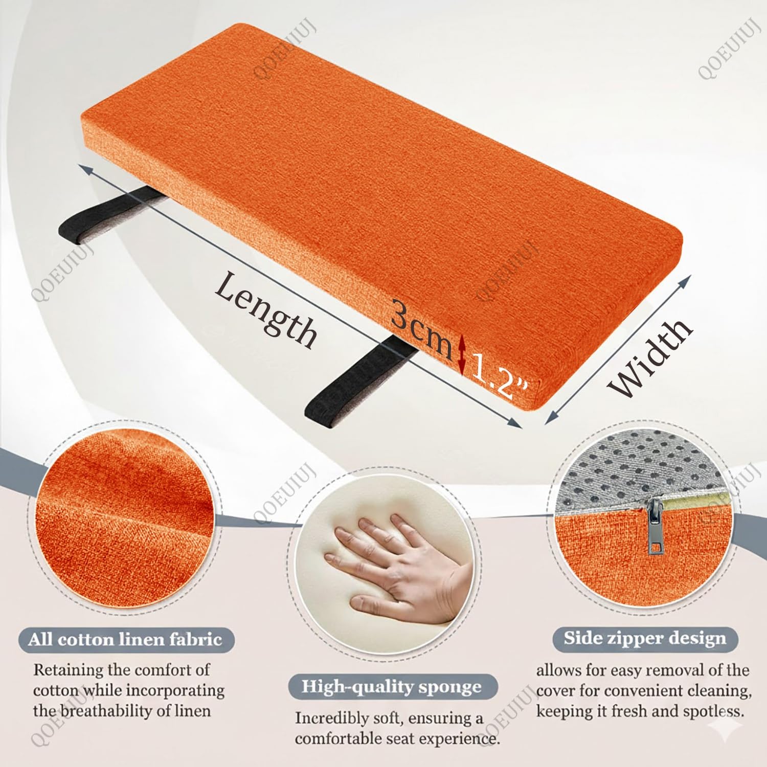 Generico Cuscino per Panca Su Misura con Cinghie Elastiche Spessore in Lino Antiscivolo Imbottitura in Spugna 45D ad Alta Densità per Panca Scarpiera Ingresso Cucina e Finestra(Grigio,140x40cm)