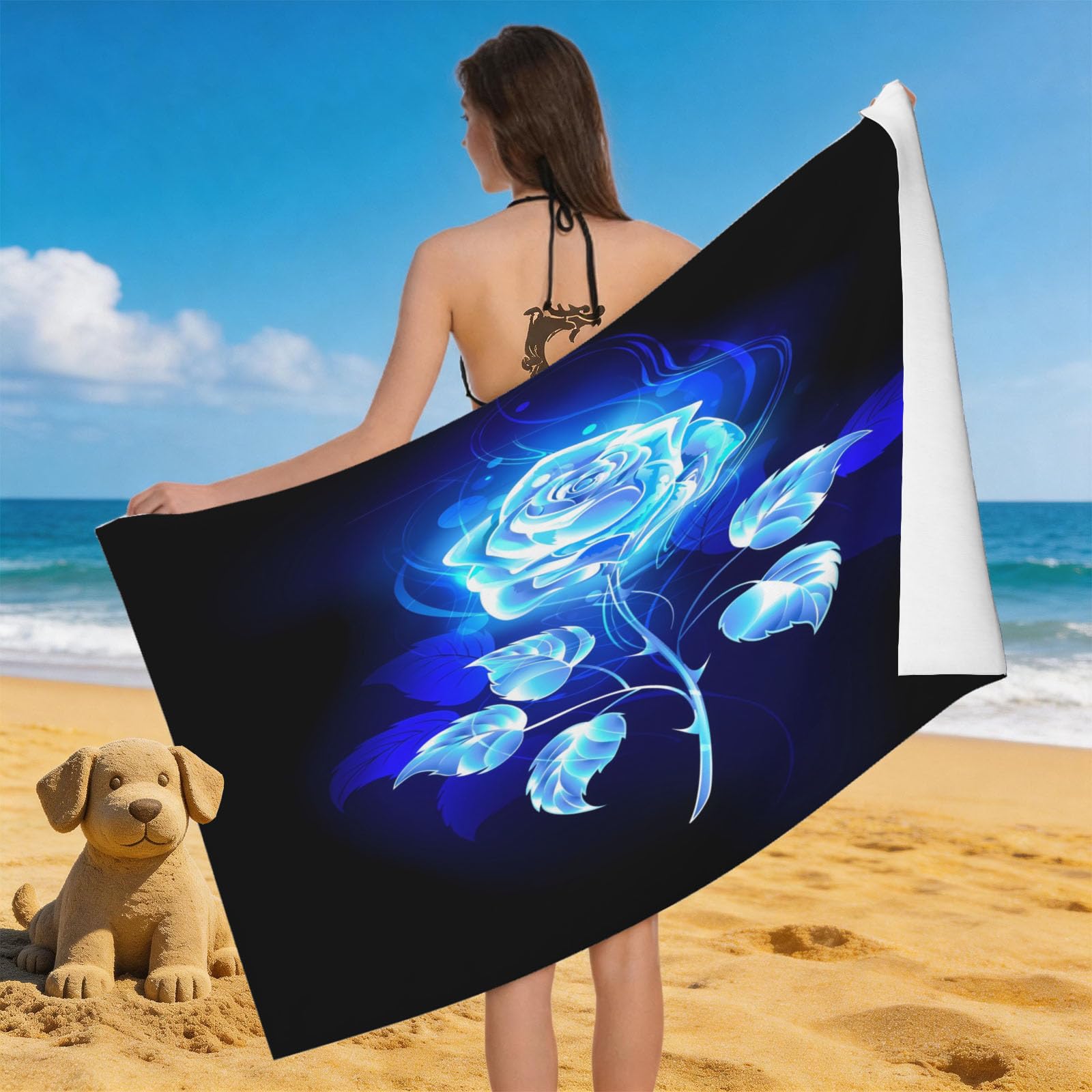 Leichong 3D Glowing Rose Beach Towel Microfiber Soft Quick Dry for Adults, Romantic Theme Bath Towel Lightweight Soft Absorbent for Travel Swimming Pool Sports, 75 x 150 cm