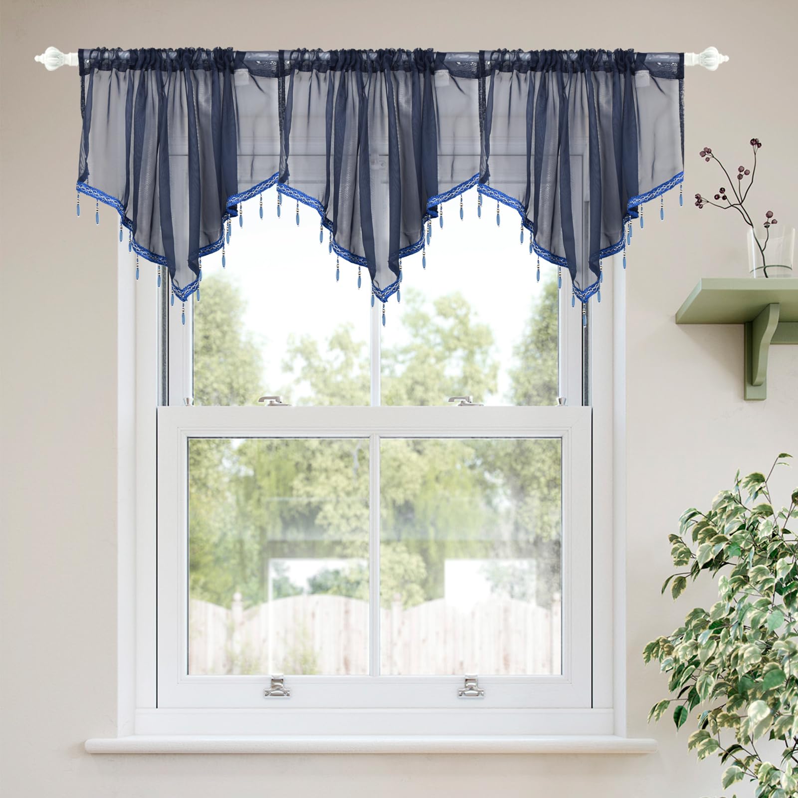 Molaxhome Lace Valance Swag Curtain 51 Inch Scalloped Sheer Curtain Panels with Crystal Beads - Rod Pocket Farmhouse Window Treatment for Kitchen Bedroom 1pc Boho Chic Drape Decor Navy