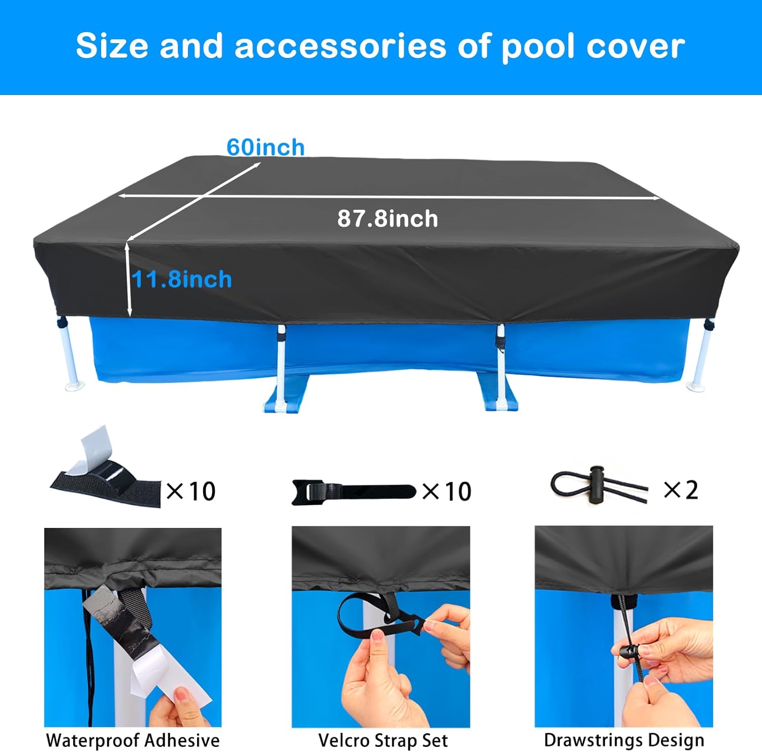 87 x 59 inch Rectangular Pool Cover 7 x 4 Rectangle Pool Covers 7.3 ft x 4.9 ft Swimming Frame Pools Cover Rectangle Made of 210D Heavy-Duty Rainproof Oxford