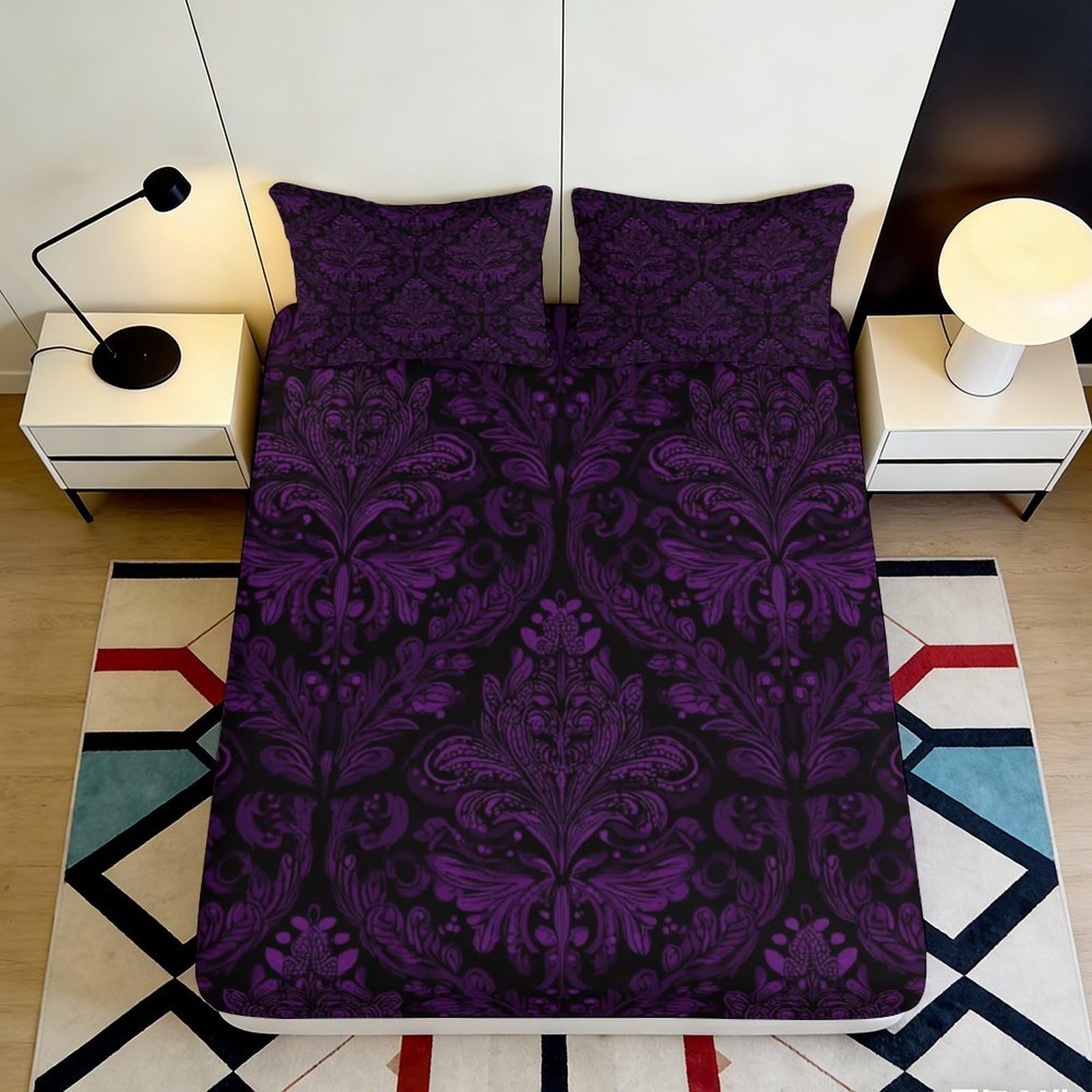 3D Printed Purple Baroque Fitted Sheet Microfiber Soft Anti-Slip Gothic Damask Mattress Cover Bedroom Decor 90x200x25cm
