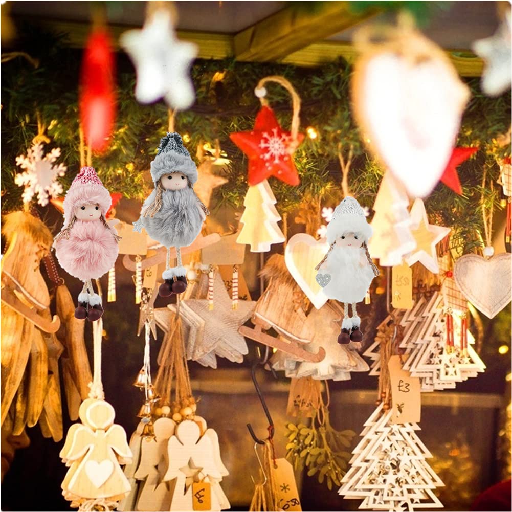 3 Decorazioni Natalizie Angelo Con Ciondolo – Alce E Bambola Peluche Per Albero – Rosa, Grigio, Bianco
