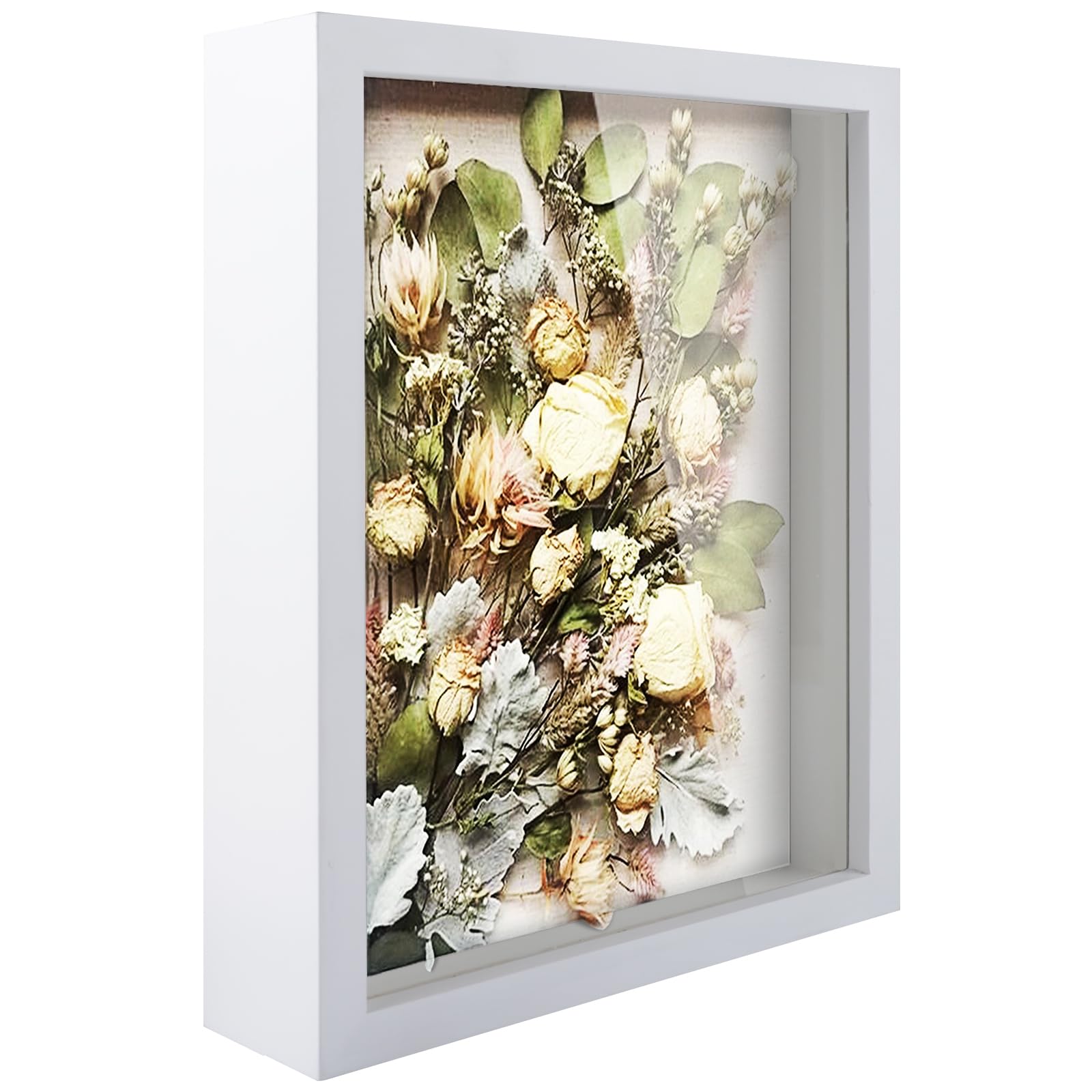 Shadow Box Cornice 20x25 Cm Con Retro In Lino - Scatola Porta Ricordi Per Fiori, Medaglie, Foto - Bianca