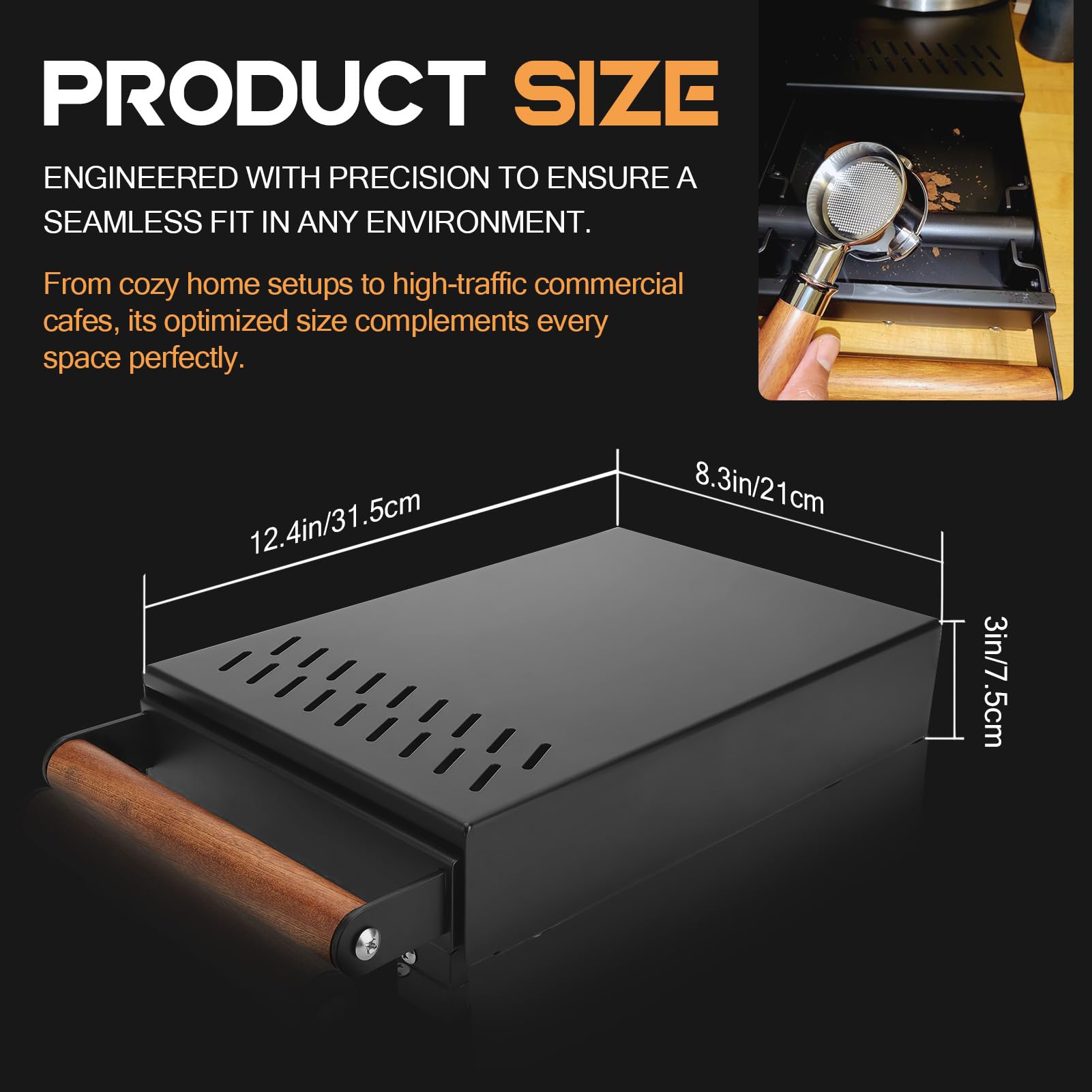 Edelstahl Abklopfbehälter Für Siebträger, Sudschublade Mit Birnenholz-Griff | 2in1 Knock Box Für Espresso Siebträgermaschine, mit Abklopfstange, Geschenke Für Baristas 315x210x75mm