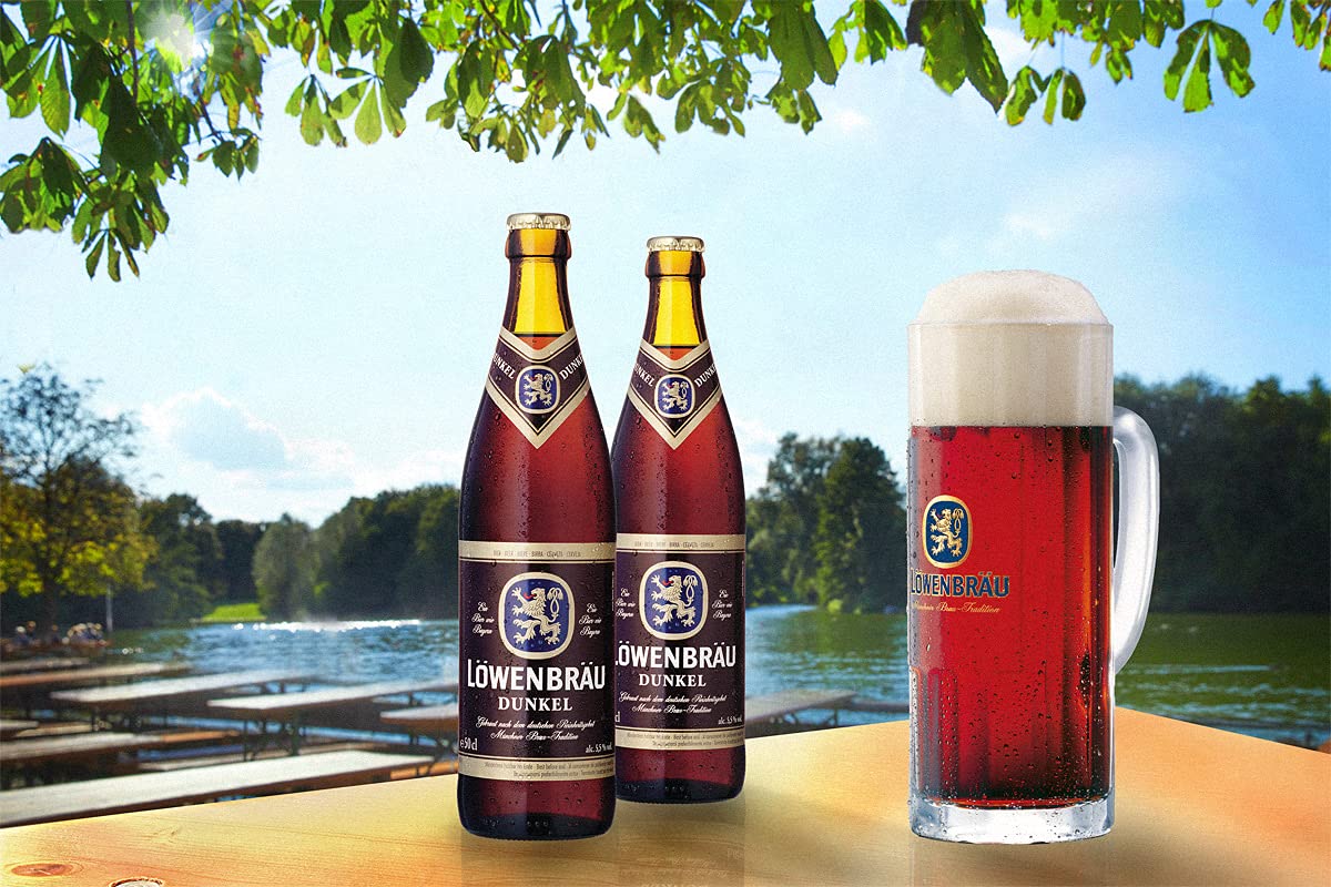 LÖWENBRÄU Dunkel Flaschenbier, MEHRWEG im Kasten, Dunkle Bierspezialität Bier aus München (20 x 0.5 l)