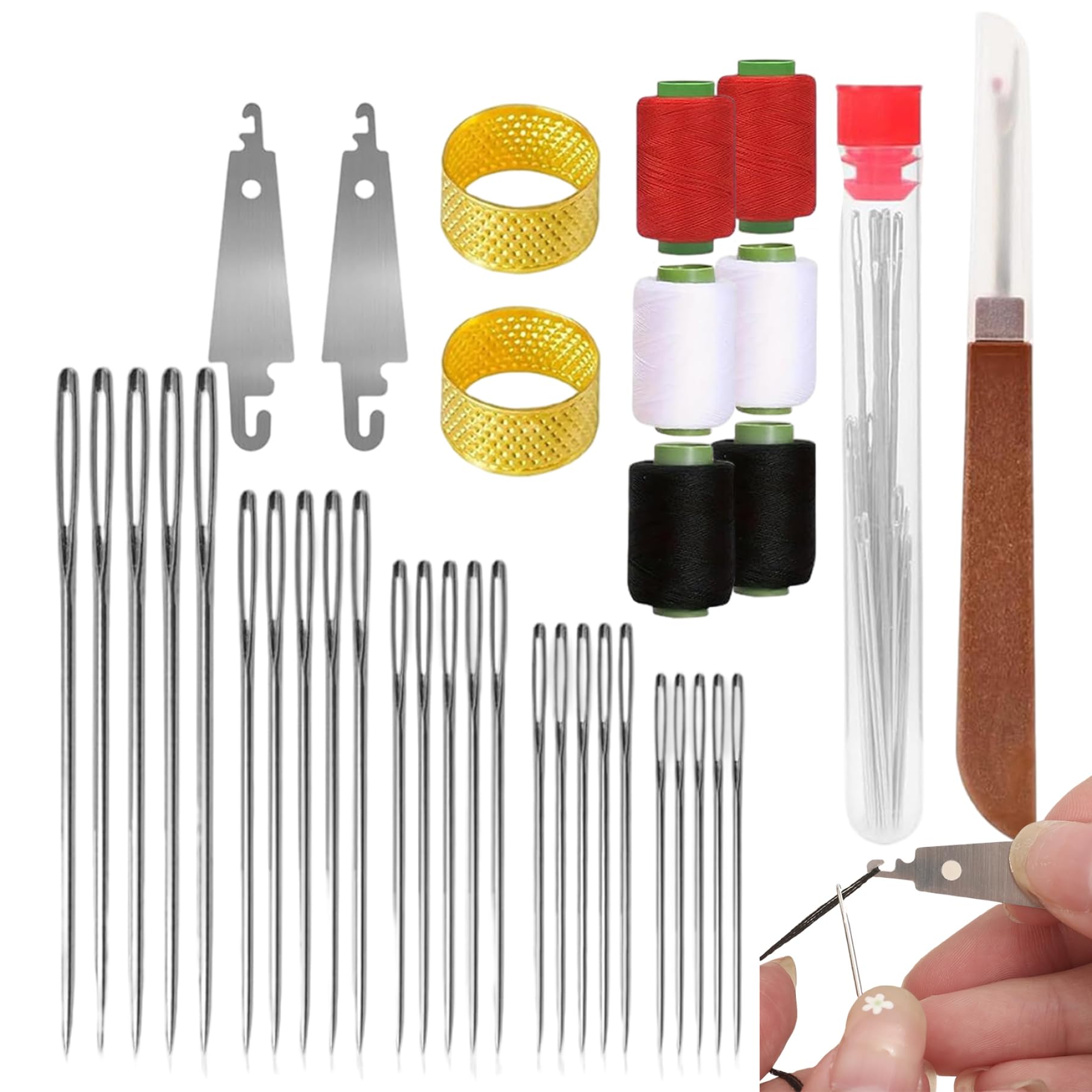 Uanqfegy Big Eye Steel Sewing Needles Kit 37Pcs – Stainless Steel Hand Sewing Needles Set with Needle Threader, Thimble and Thread Spools for Adults