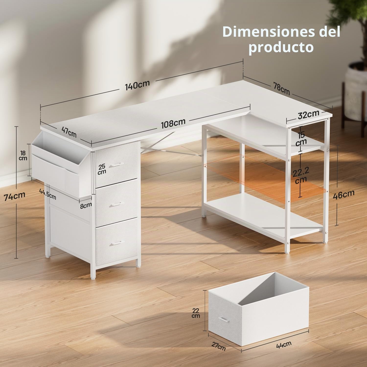 HLONONE Escritorio esquinero con 3 cajones de tela, 140 x 80 cm, escritorio para ordenador con espacio de almacenamiento, escritorio en forma de L con bolsillo lateral, mesa de ordenador con estantes