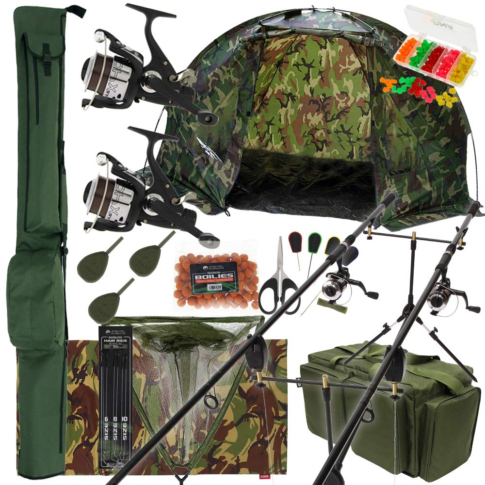 OAKWOOD Carp Fishing Set Up Kit 10ft 3pc Rods Reels Alarms Tackle Mat