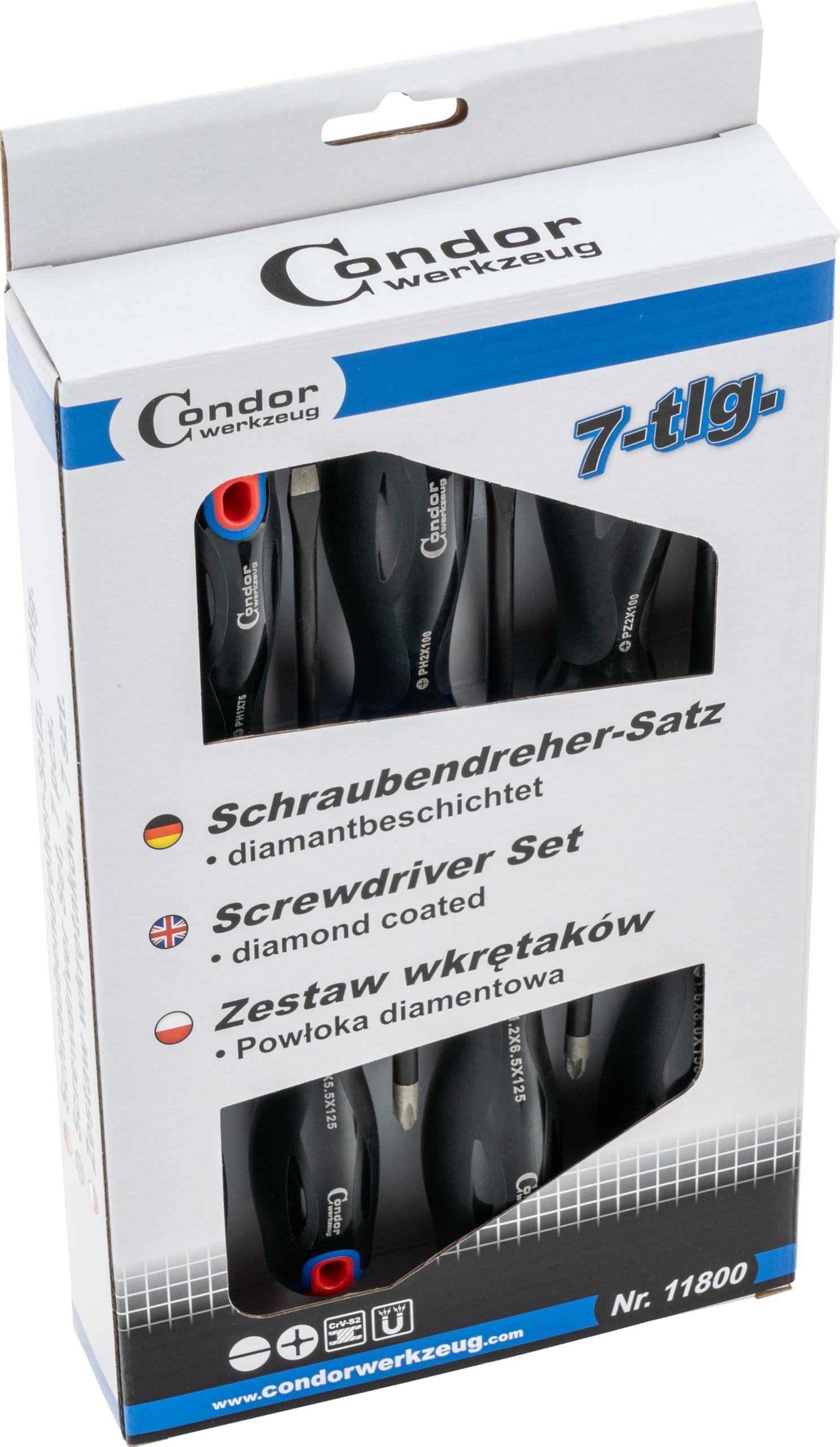 Condor Werkzeug 11800 - Set di cacciaviti a taglio + croce + PZ, 7 pezzi, rivestimento diamantato, magnetico