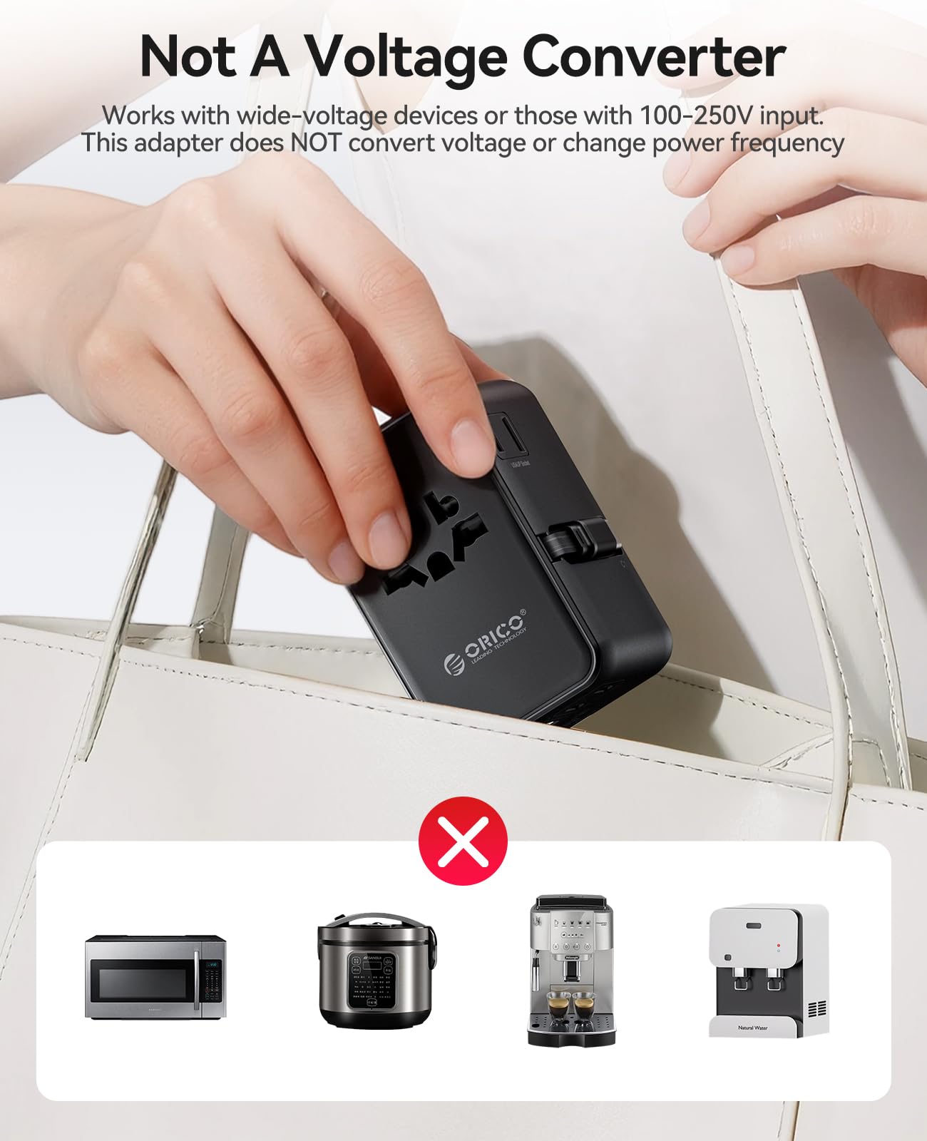 ORICO Uniwersalny adapter podróżny 100 W GaN International Power Adapter | 7 w 1 (2 AC, 3 USB-C, 2 USB-A) europejski adapter wtyczki podróżnej, wbudowany chowany kabel USB-C do UE UK AU 200+ krajów