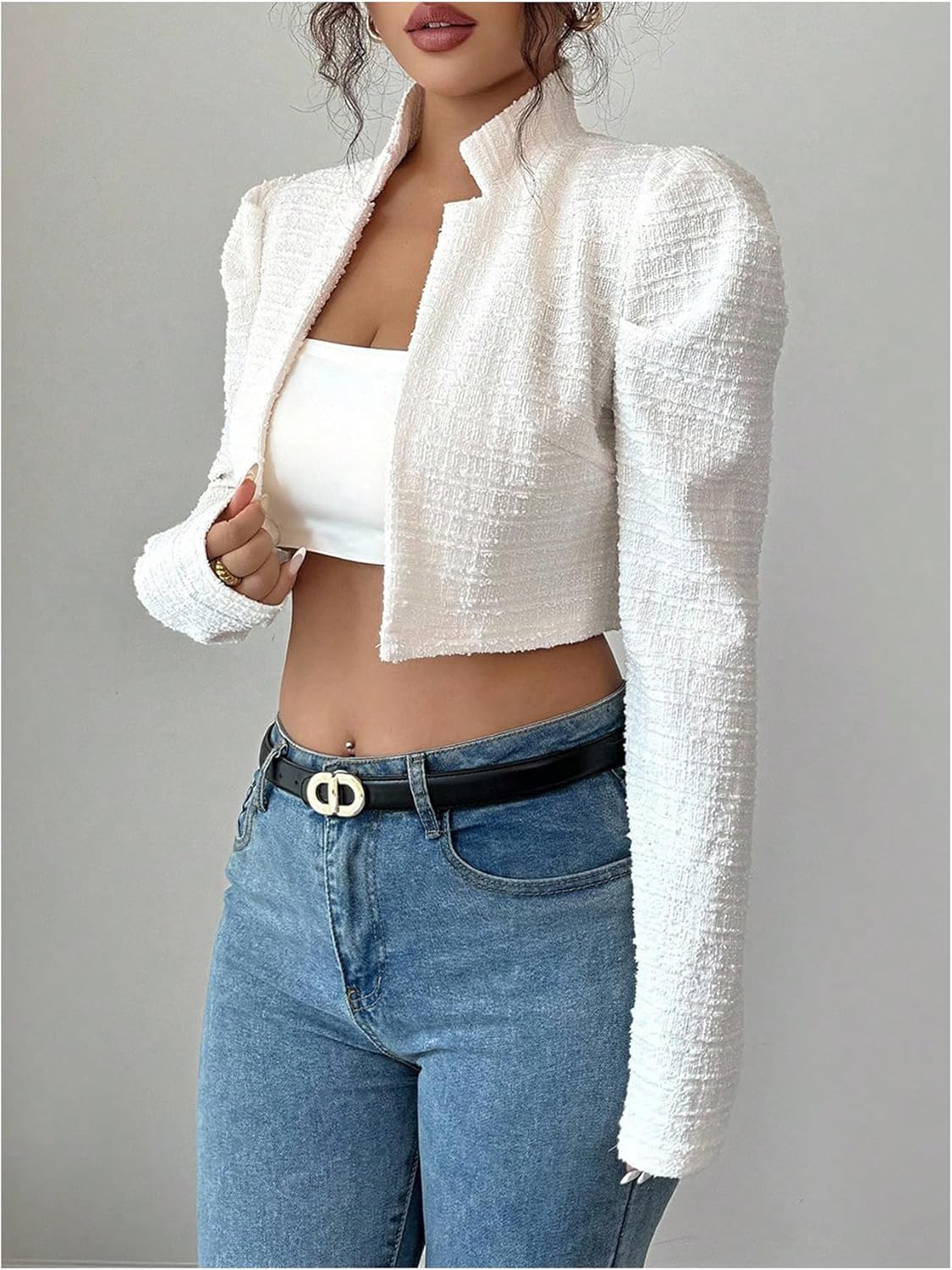 Floerns Women's Elegant Long Sleeve Cropped Blazer Open Front Textured Knit Business Casual Suit Jacket - Image 4