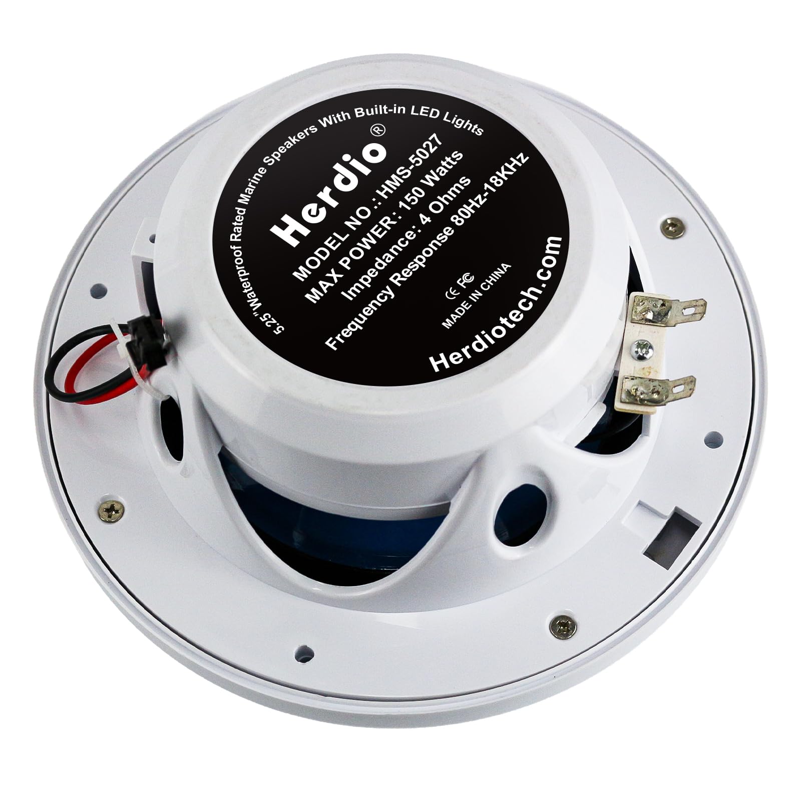 Herdio 5.25" 250W Marine Speakers - IP66 Waterproof Coaxial Audio, with Blue LED Light for Boats, ATVs, UTVs with UV Resistant Black Grille (A Pair)
