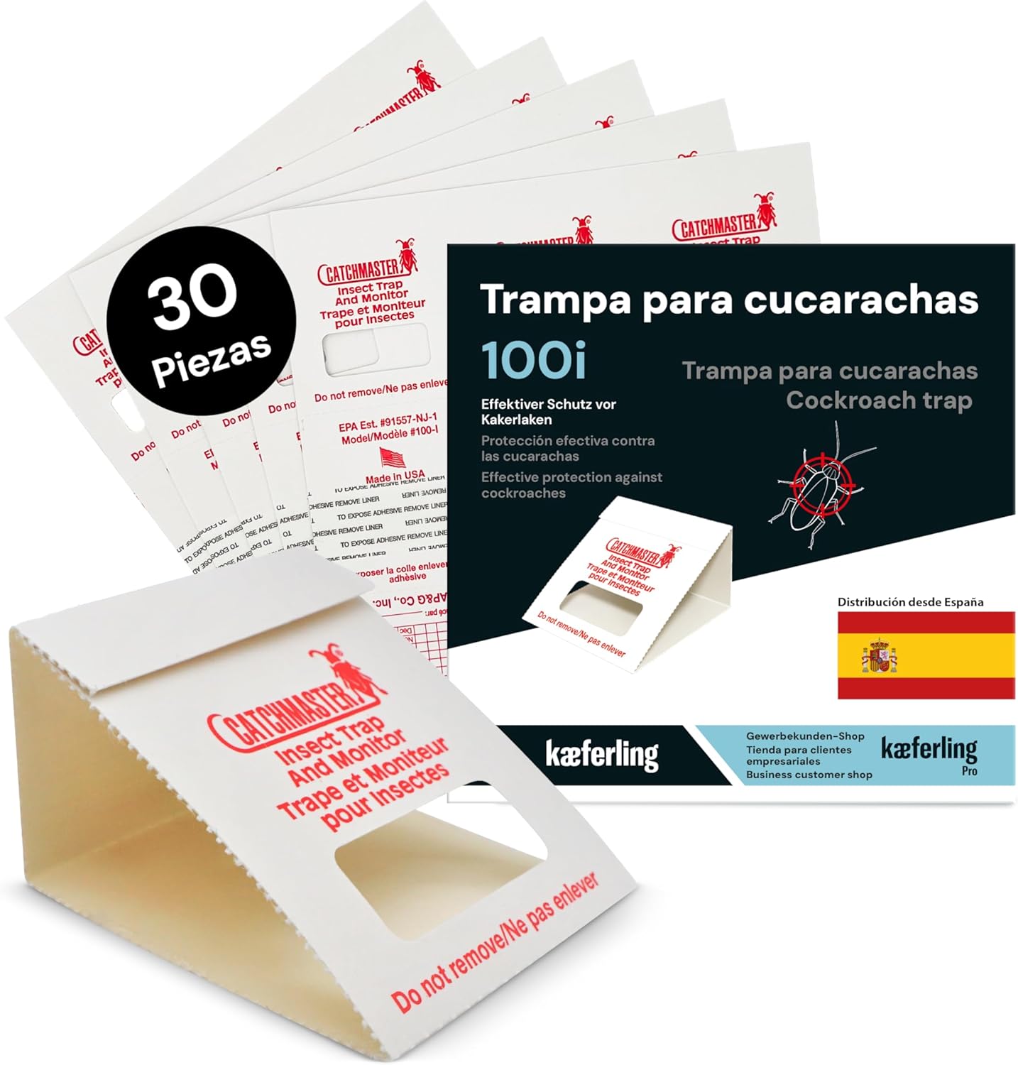 Catchmaster 100i – Trampas para Cucarachas 30 Piezas – Trampas Cucarachas Adhesivas de máxima Calidad – Sin Veneno ni Biocidas – Seguras para Niños y Mascotas – Adhesivo Natural