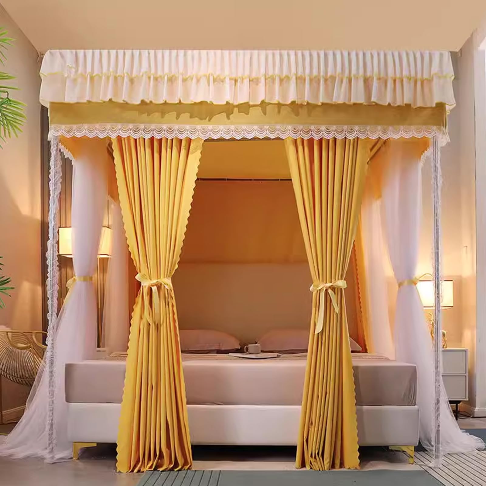 4 Esquinas Poste Princesa Cortinas Cama con Dosel para s, 4 Apertura Cama Queen King Tienda De Campaña Mosquitera - Toldos De Malla Transparente De Doble Capa Cortinas Decoración De La Habit