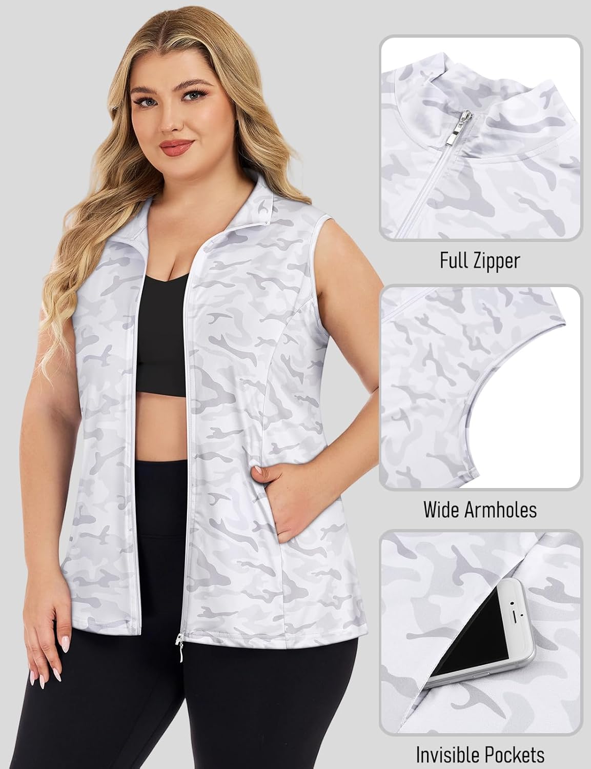 Misyula Style Plus Size Womens Golf Shirt Sleeveless Quick Dry Full-Zip Workout Tank Tops with Pockets XL-5XL