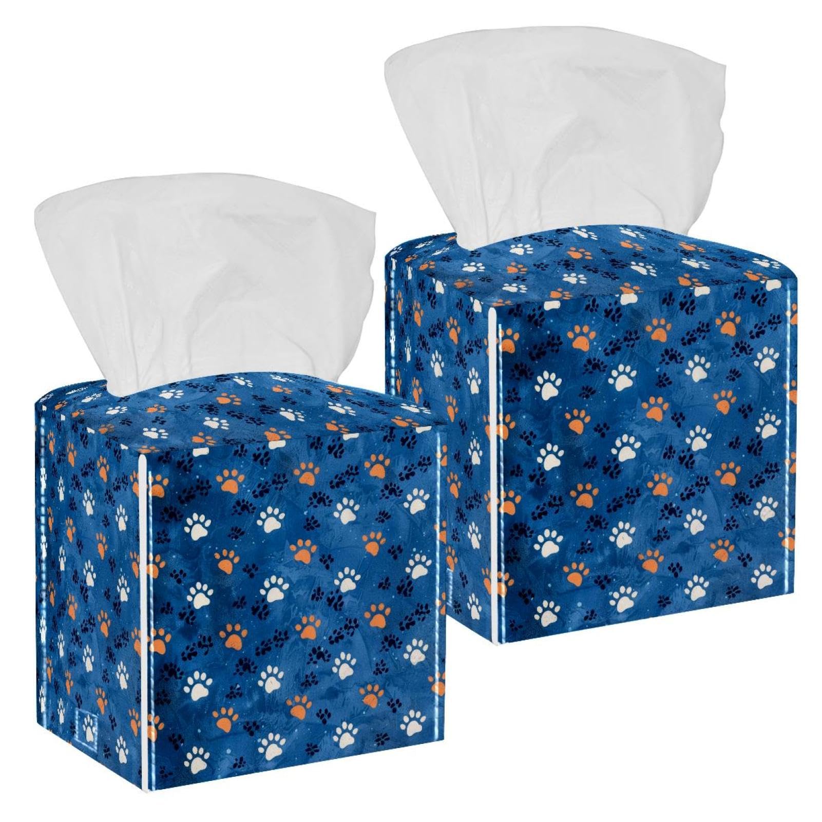 Dogs Paws Tissue Box Cover, 2 Pack PU Leather Square Facial Tissue Dispenser Box holder for Home Office Car