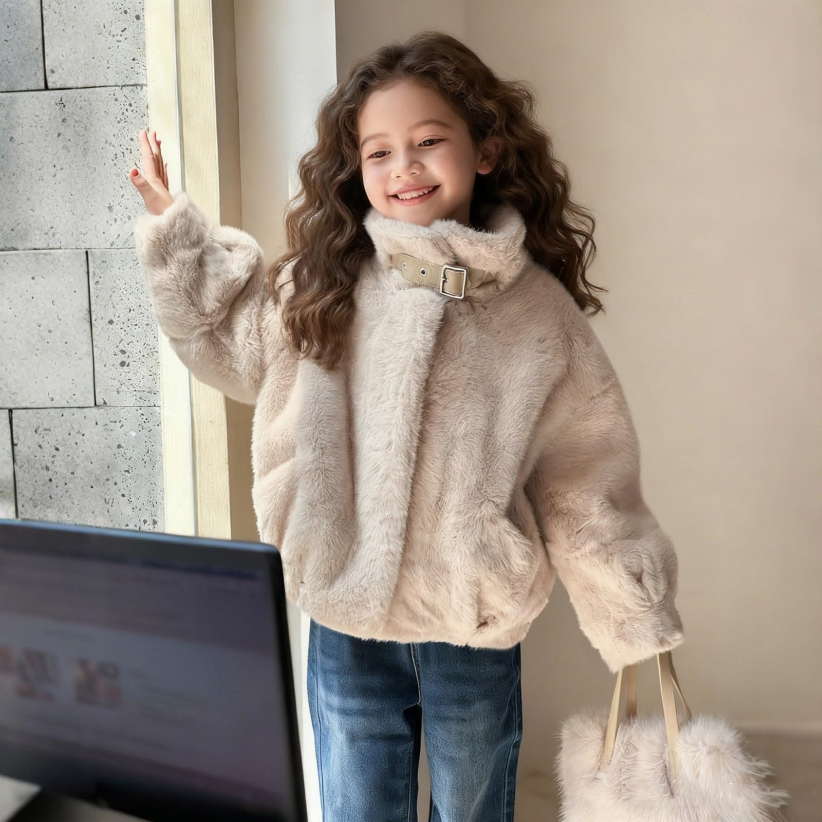 Chaqueta de lana con cuello vuelto para niñas, abrigo grueso con botones para invierno, cálido, térmico, mullido, sherpa, resistente al viento, para la escuela, al aire libre, casual, para