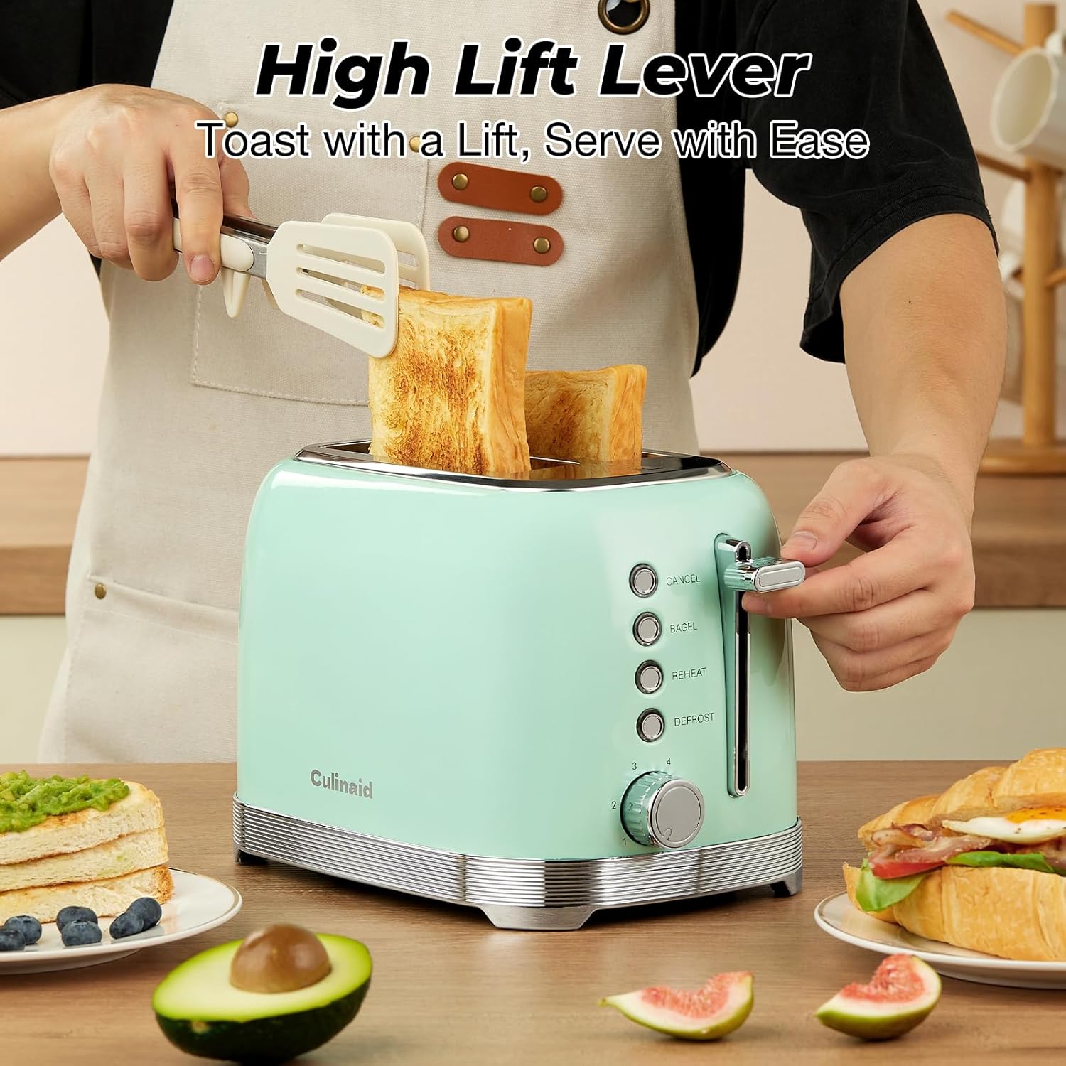 Toaster 2 Slice Retro Stainless Steel with 1.5” Extra Wide Slots Bagel, Defrost, Reheat, Cancel Functions, 6 Bread Shade Settings, Removable Crumb Tray, Aqua Green