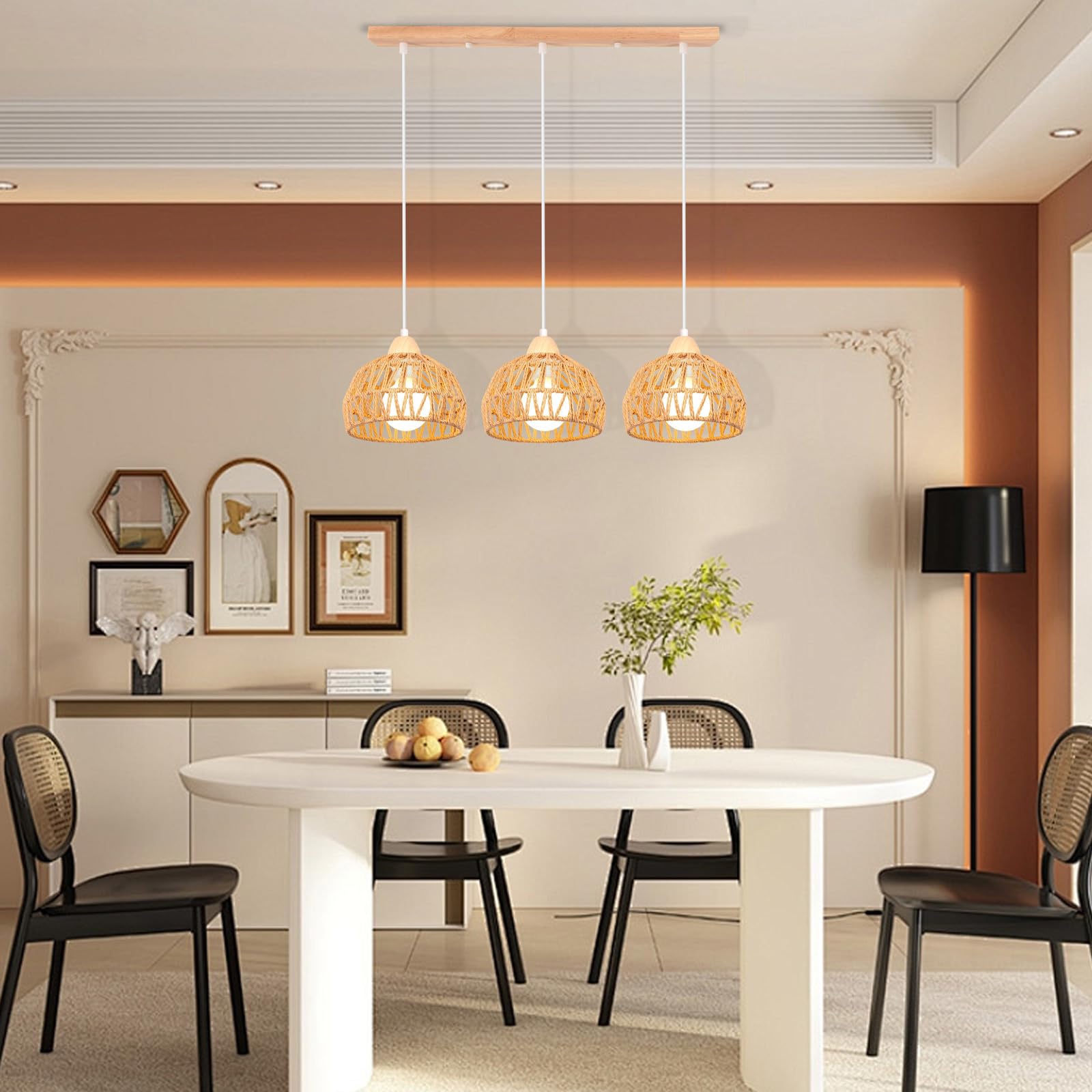 iDEGU Lampa wisząca vintage 3-żarówkowa żyrandol z drewna i rattanu, abażur 20 cm, E27, lampa wisząca, dekoracja, retro, do jadalni, sypialni, salonu, kuchni (brązowa, belka)