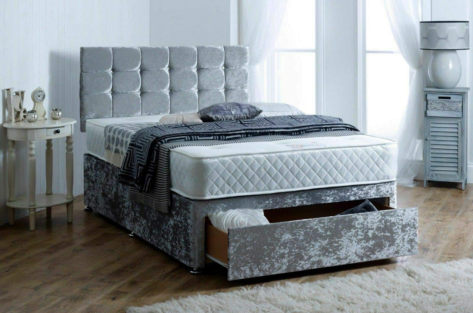Silver Crushed Velvet Fabric Divan Bed Set with Spring Memory Foam Mattress 10” Thick - 5FT King Bed Frame with 20” High Headboard with Foot Jambo Drawer