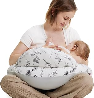 Momcozy Stillkissen mit Sicherheitsumrandung – Ergonomisches Still- und Lagerungskissen mit verstellbarem Gurt & abnehmbarem Baumwollbezug,Blätter in blasser Tinte