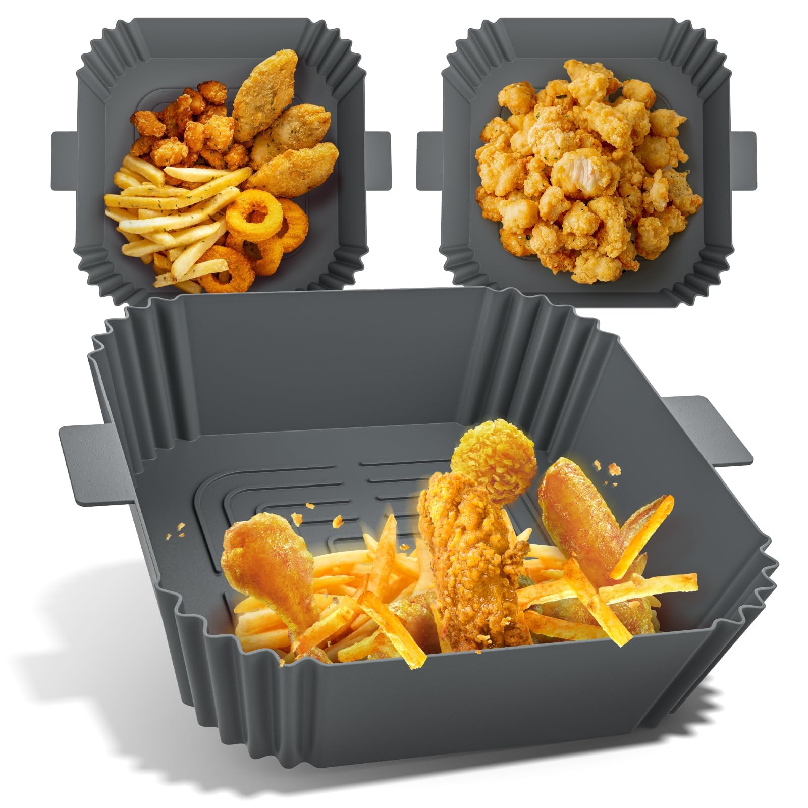 GlasFlength 3 Stück Silikonform für Heißluftfritteuse, Wiederverwendbar Auflaufform Airfryer Quadrat Air Fryer Silikon Einsatz für Mikrowelle und Kühlschrank Geeignet 3,5-6,2 L (Grau)